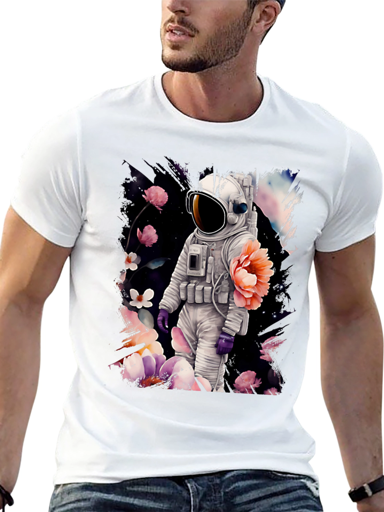 Black Astronaut Floral T-Shirt - Space & Nature Fusion view 13