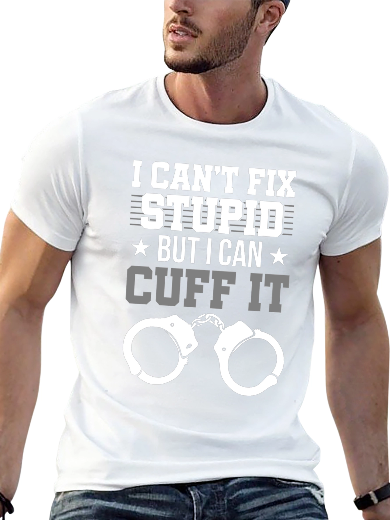 Black Funny Police T-Shirt - I Can't Fix Stupid Cuff It Tee view 13