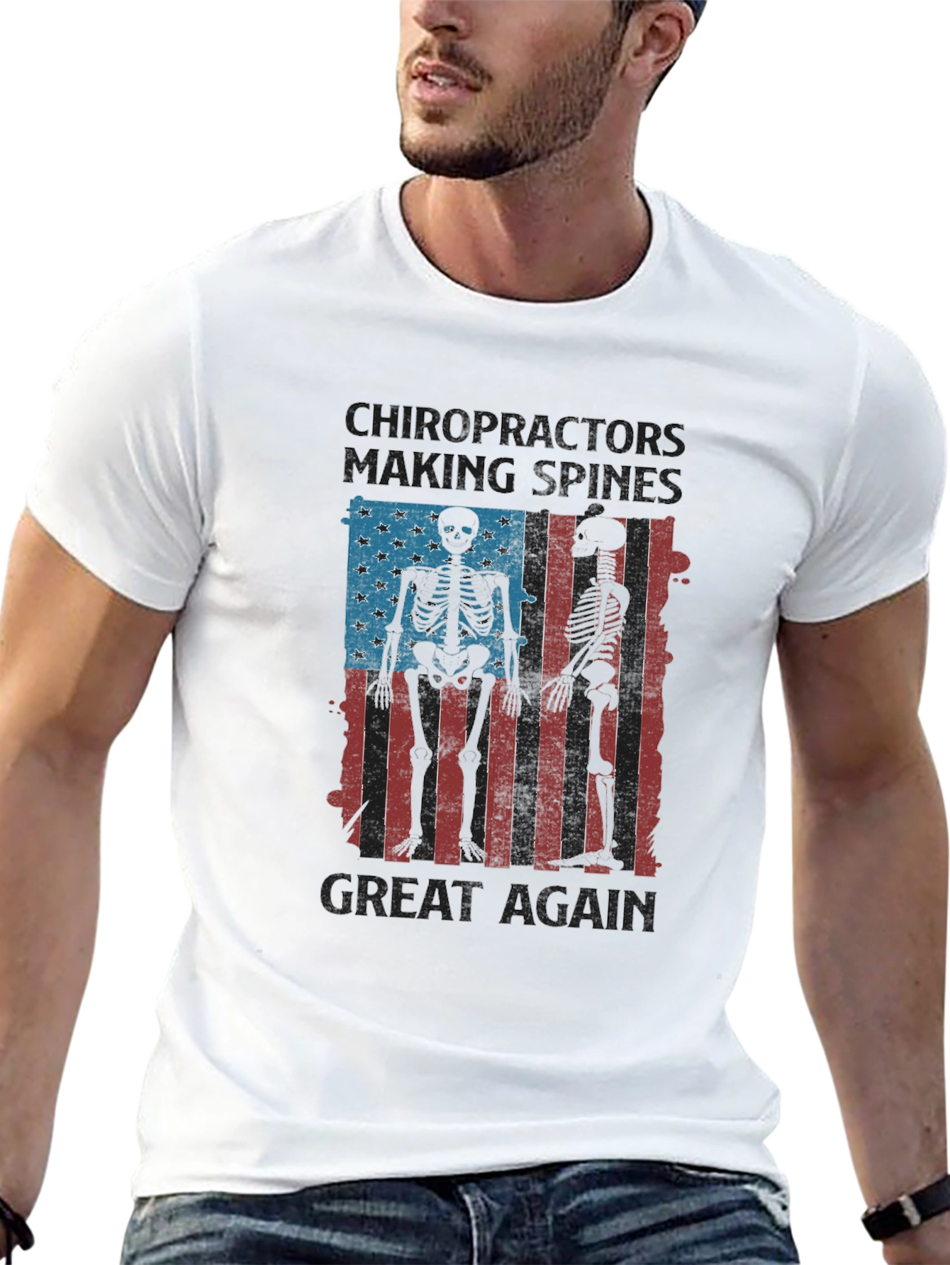 Black Chiropractor Skeleton American Flag T-Shirt view 13