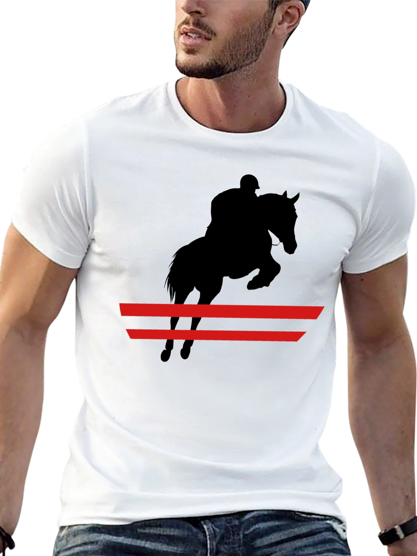 Black Equestrian Black T-Shirt: Horse & Rider Jumping view 13