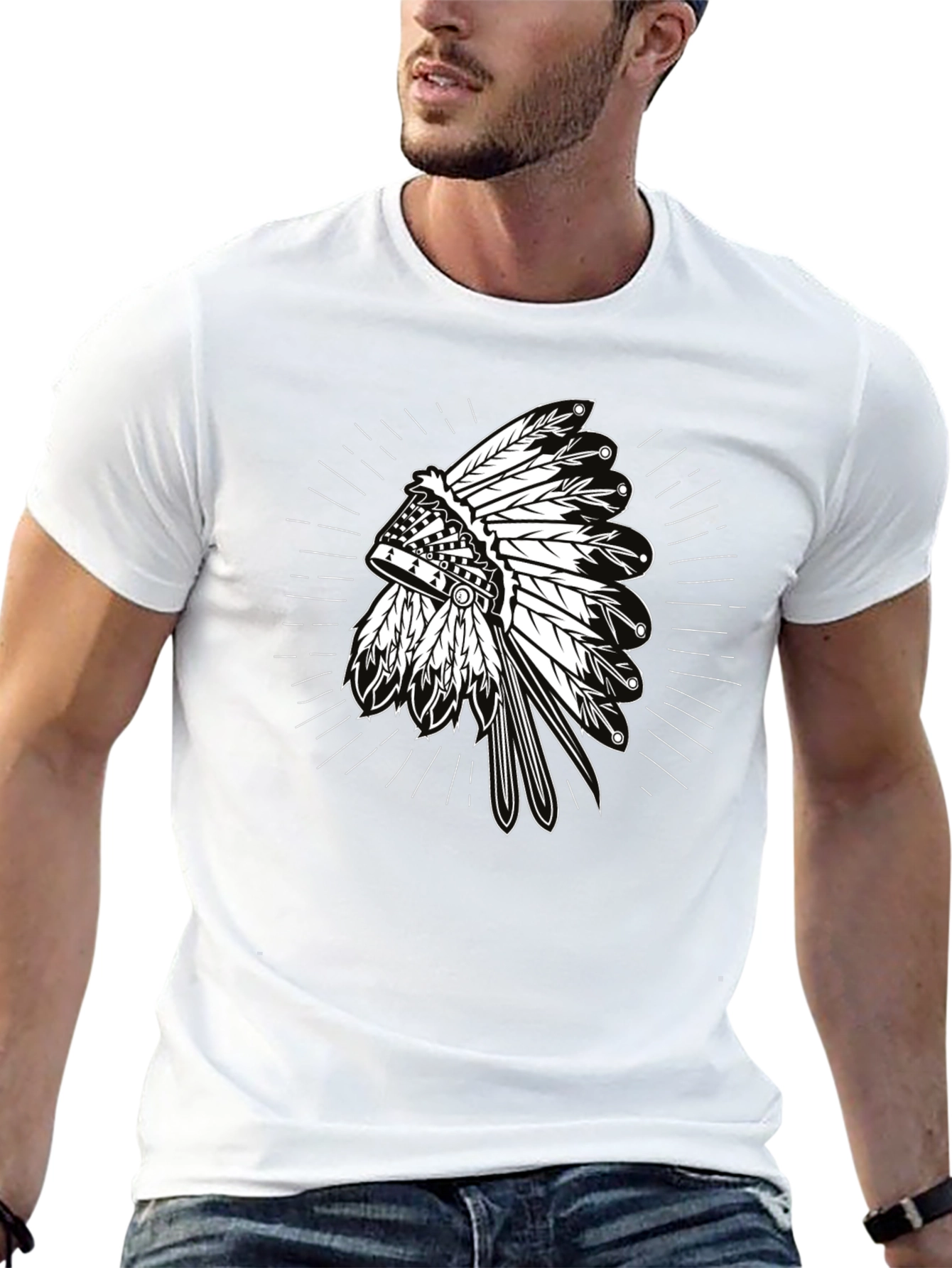 Black Native American Headdress Graphic Black T-Shirt view 13