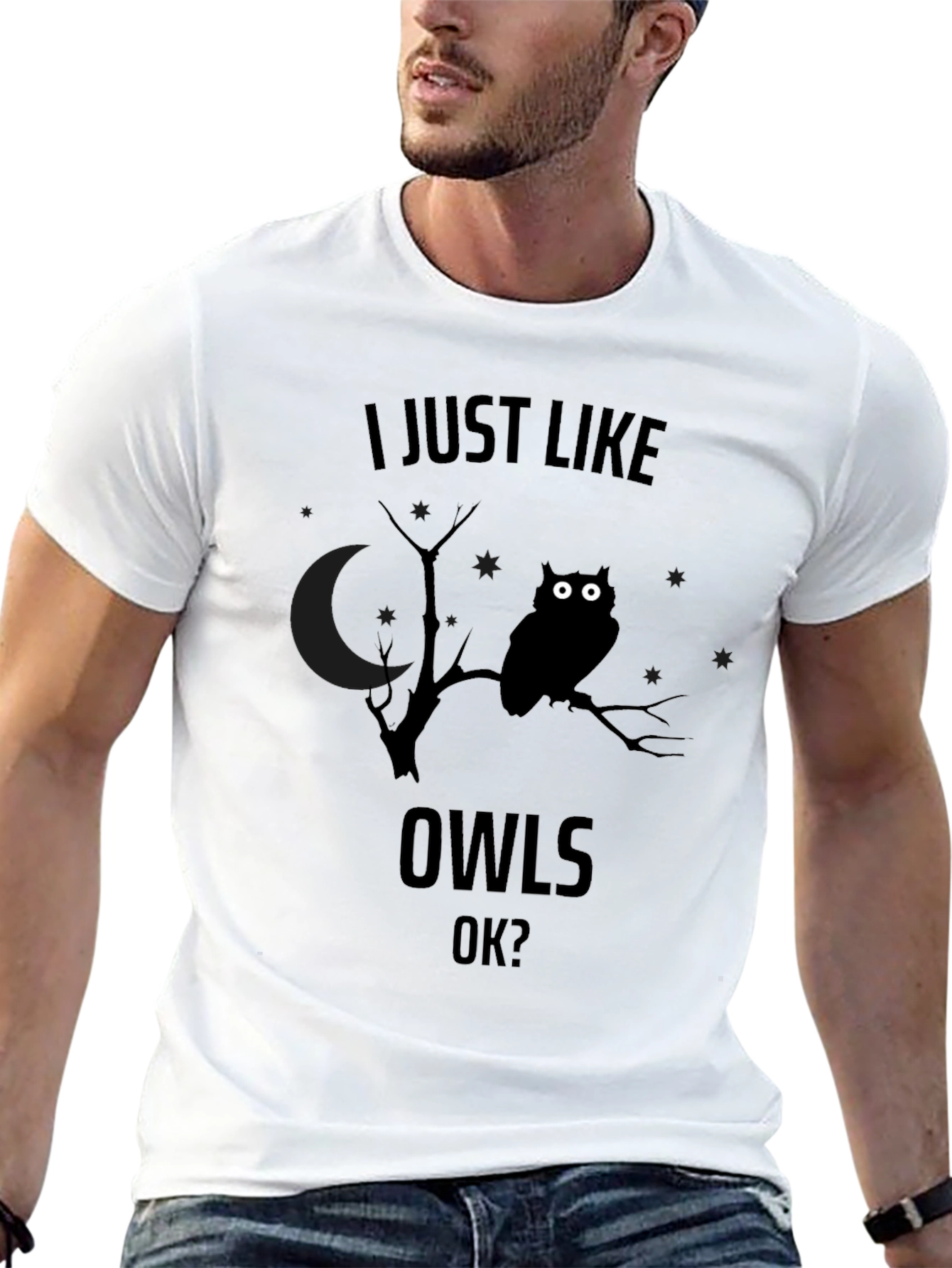 Black I Just Like Owls OK? Men's Black Graphic T-Shirt view 13