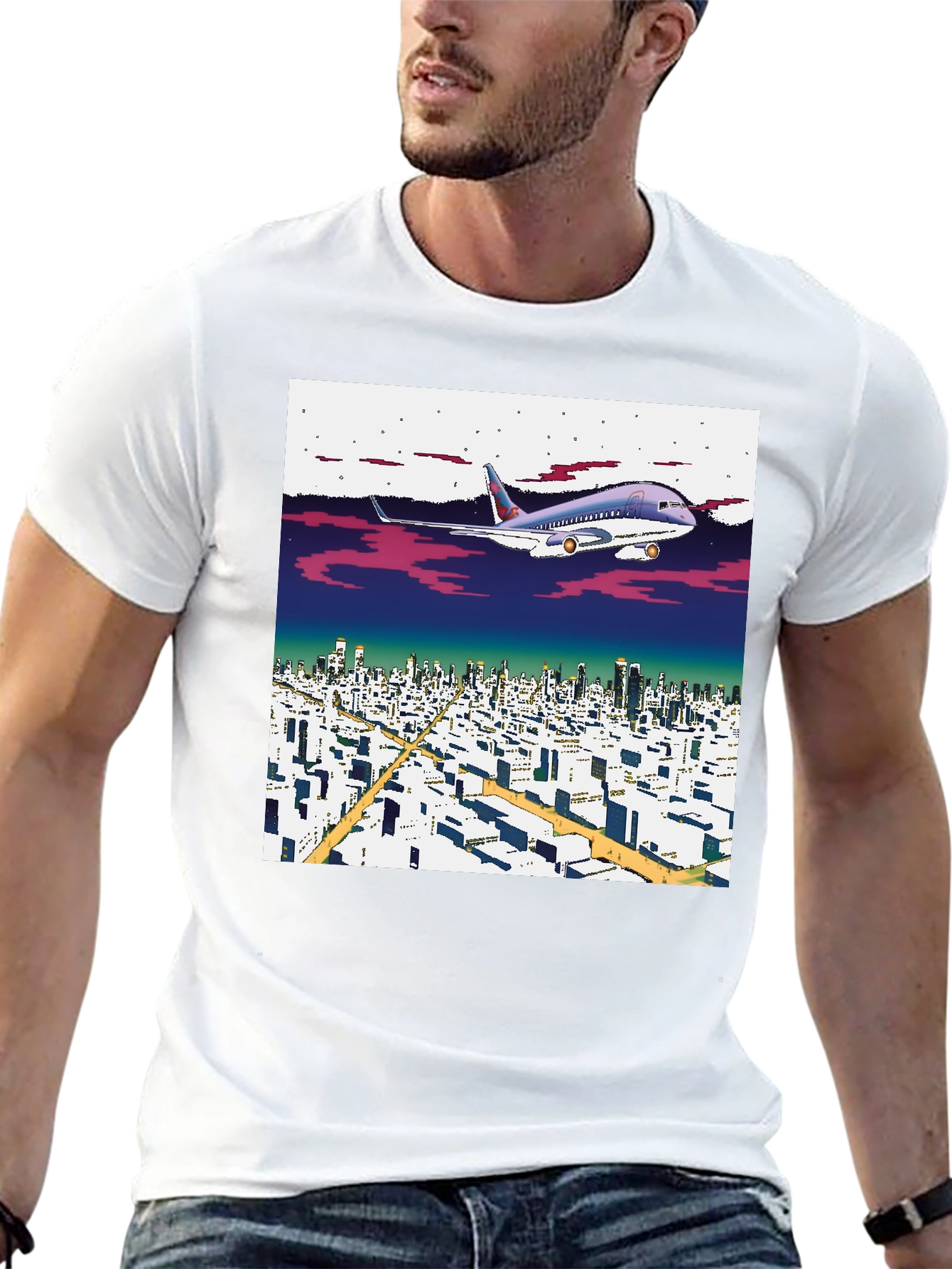 Black Retro Plane Over City T-Shirt view 13