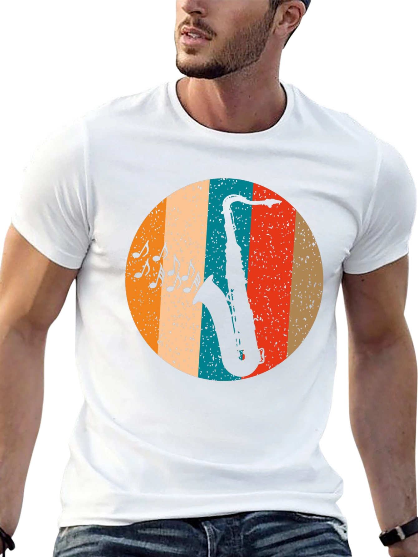 Black Retro Saxophone Music T-Shirt view 13