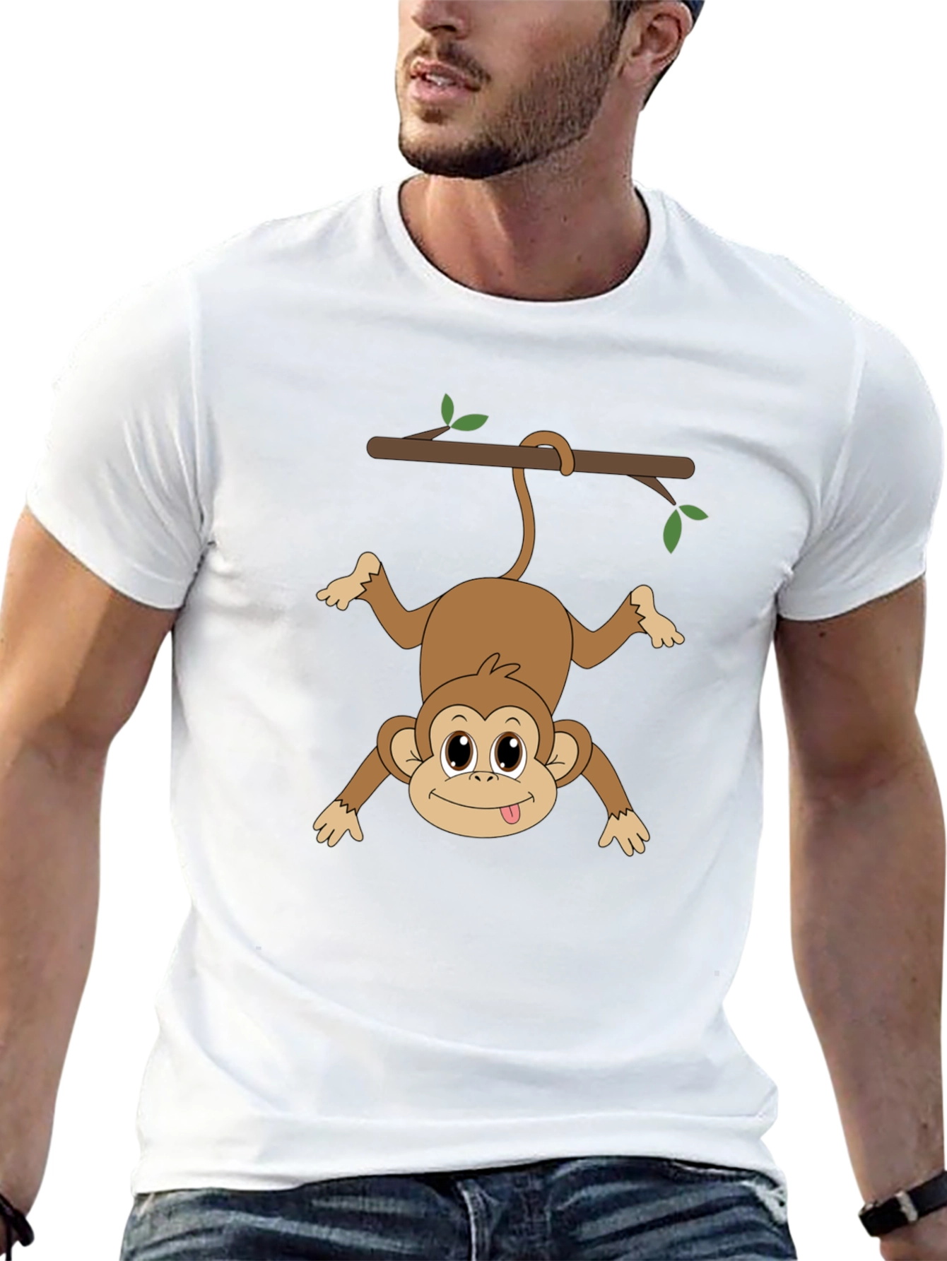 Black Funny Monkey Hanging From Branch Graphic T-Shirt view 13