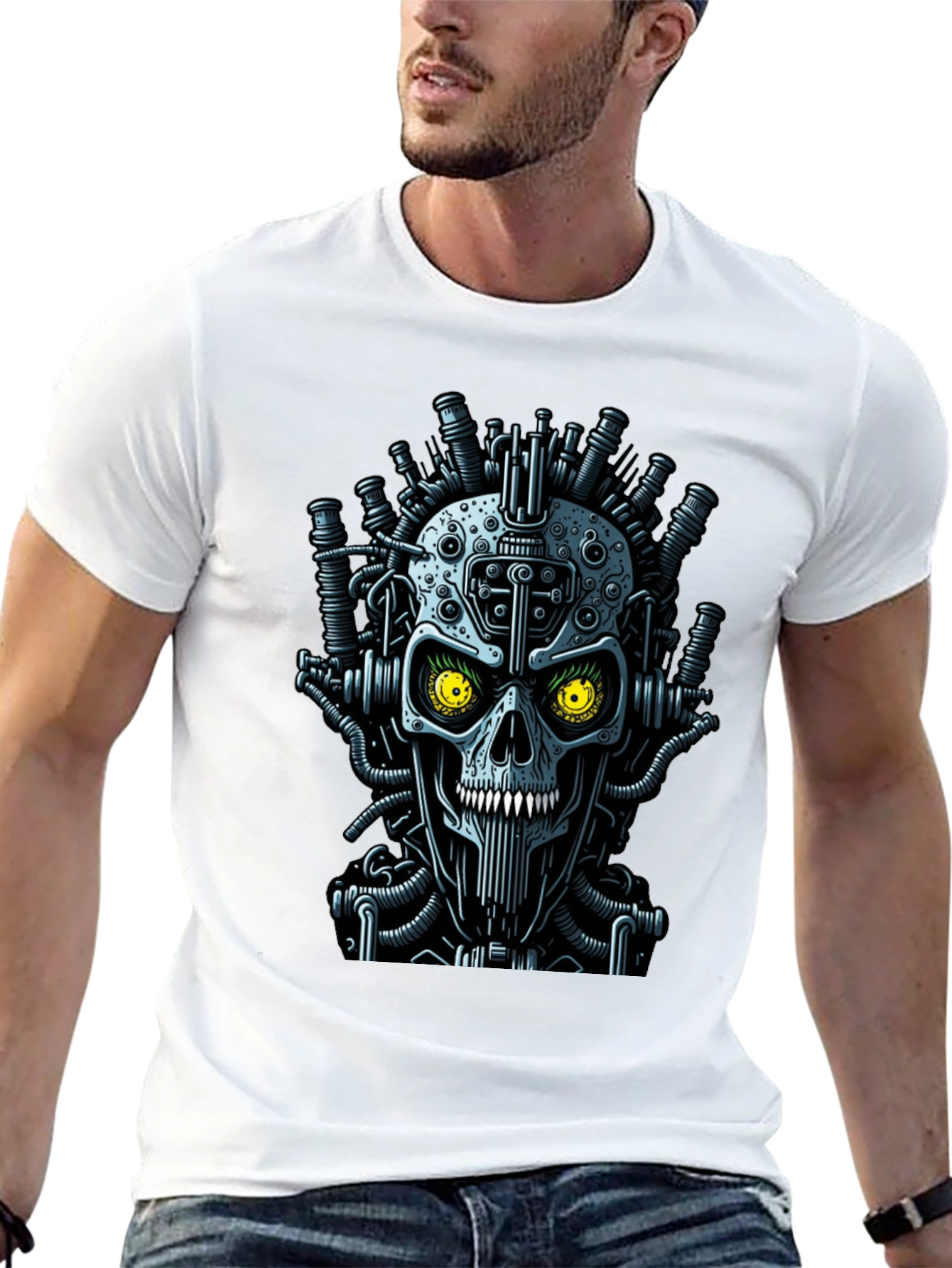 Black Steampunk Skull Graphic T-Shirt - Men's Crew Neck view 13