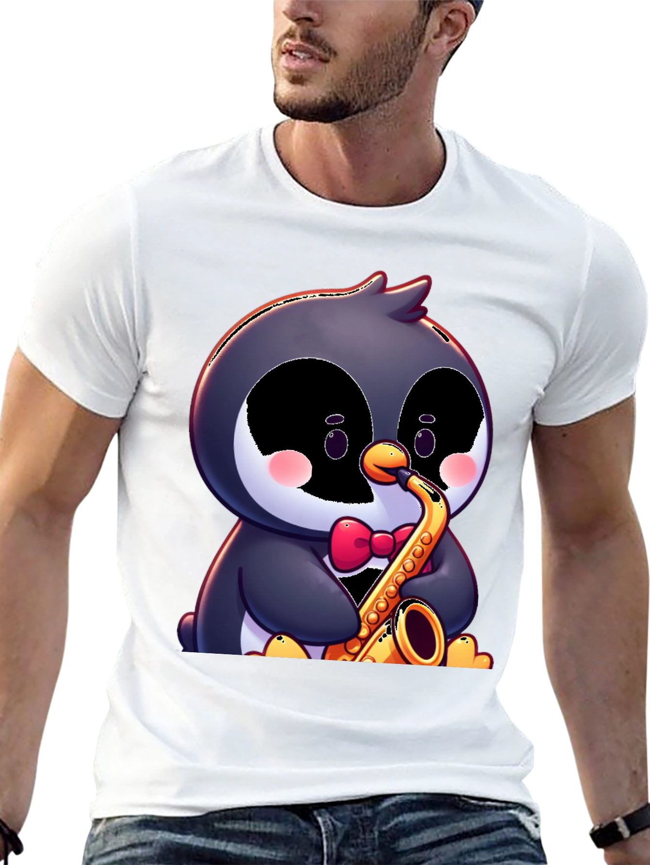 Black Penguin Saxophone T-Shirt - Fun Cartoon Design view 13