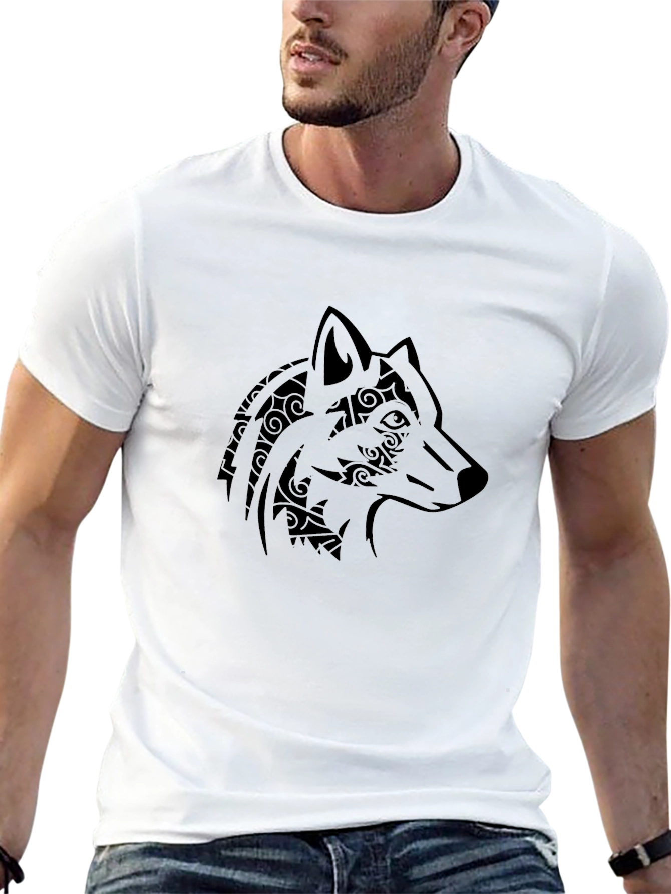 Black Tribal Wolf Head Graphic Men's Black T-Shirt view 13