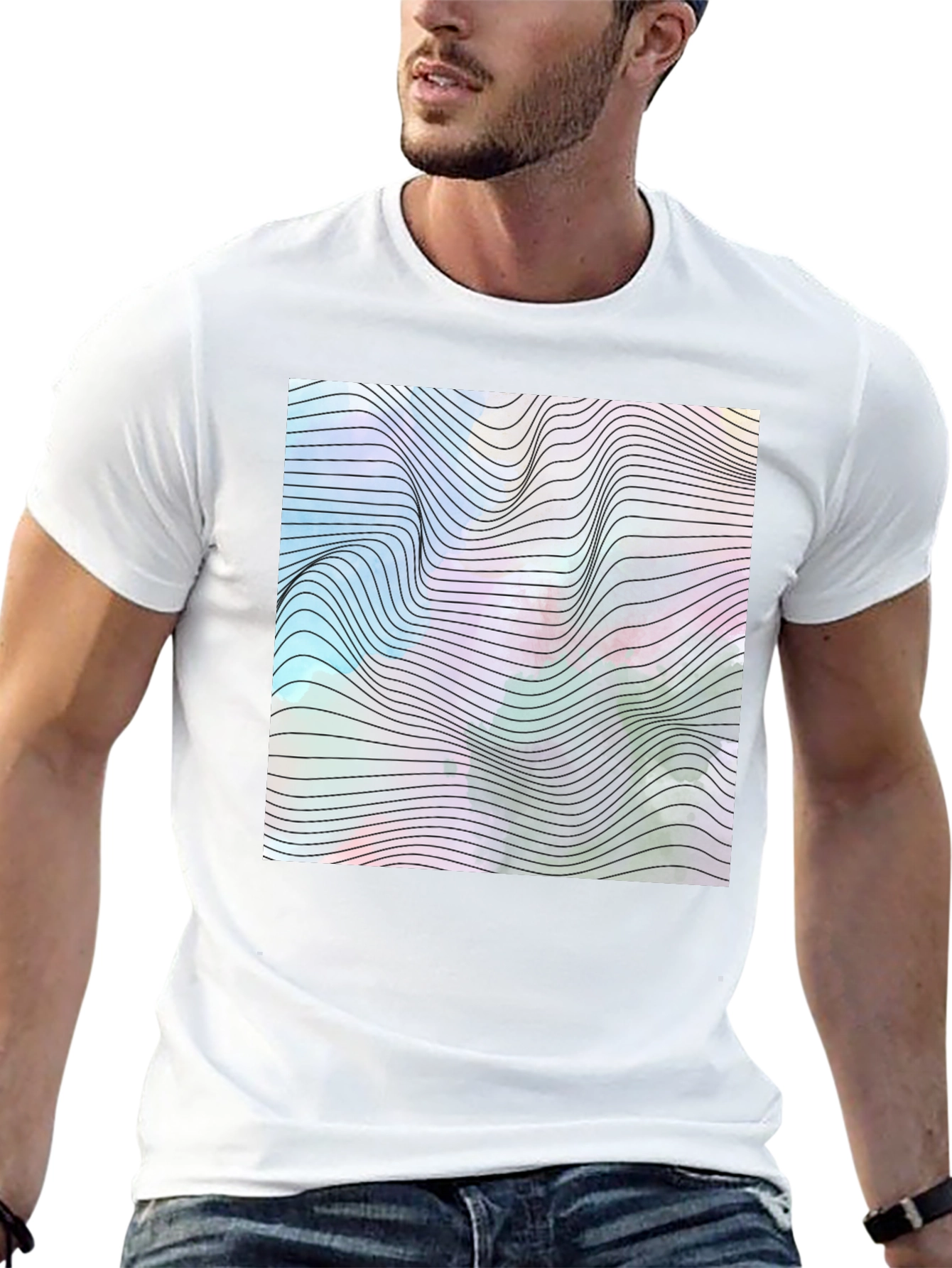 Black Abstract Wave Graphic Tee - Modern Black T-Shirt view 13