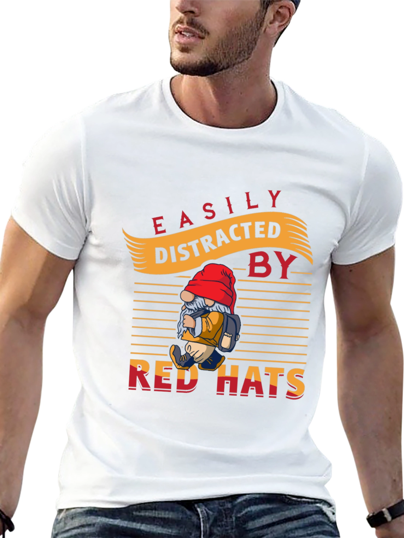 Black Easily Distracted by Red Hats T-Shirt - Novelty Gnome Design view 13