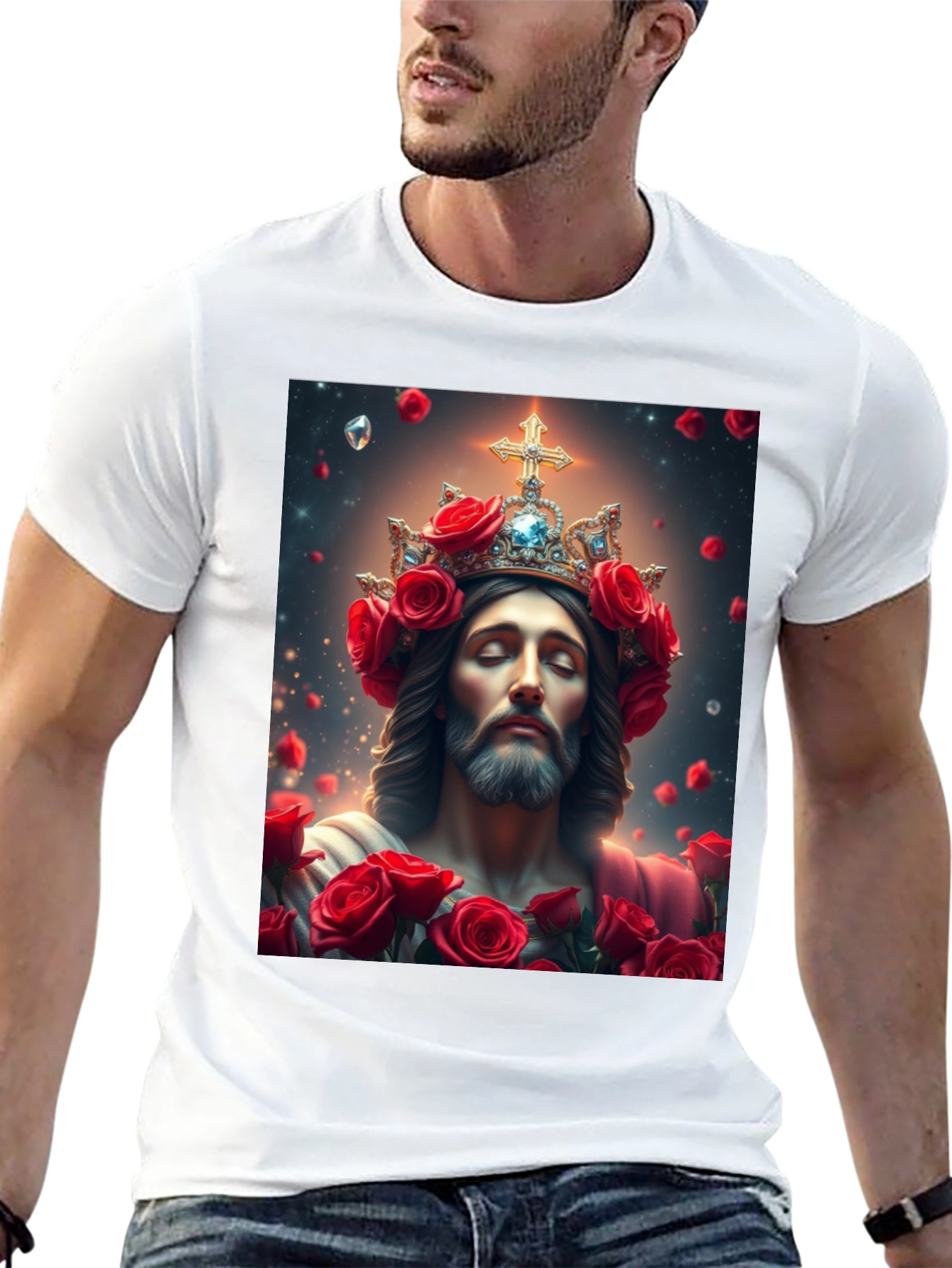 Black Jesus with Roses Graphic T-Shirt - Divine Apparel view 13