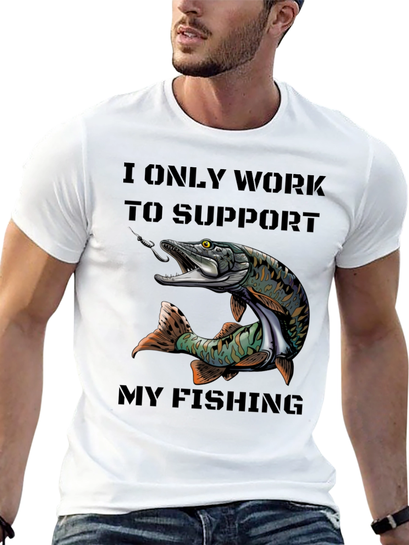 Black Fishing T-Shirt - I Only Work to Support My Fishing view 13