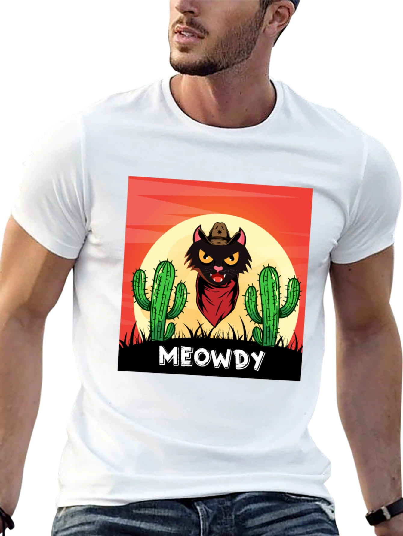 Black Meowdy Black Cat Cowboy Graphic T-Shirt view 13