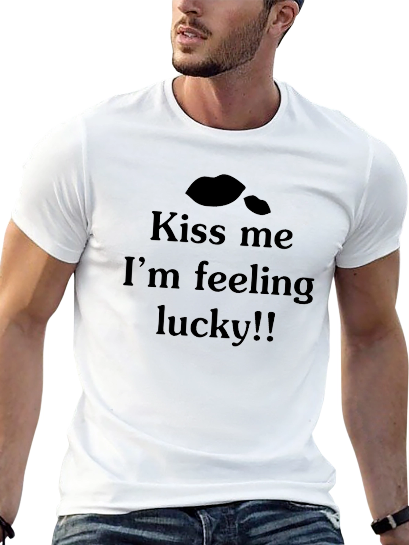 Black Kiss Me I'm Feeling Lucky Men's Black T-Shirt view 13