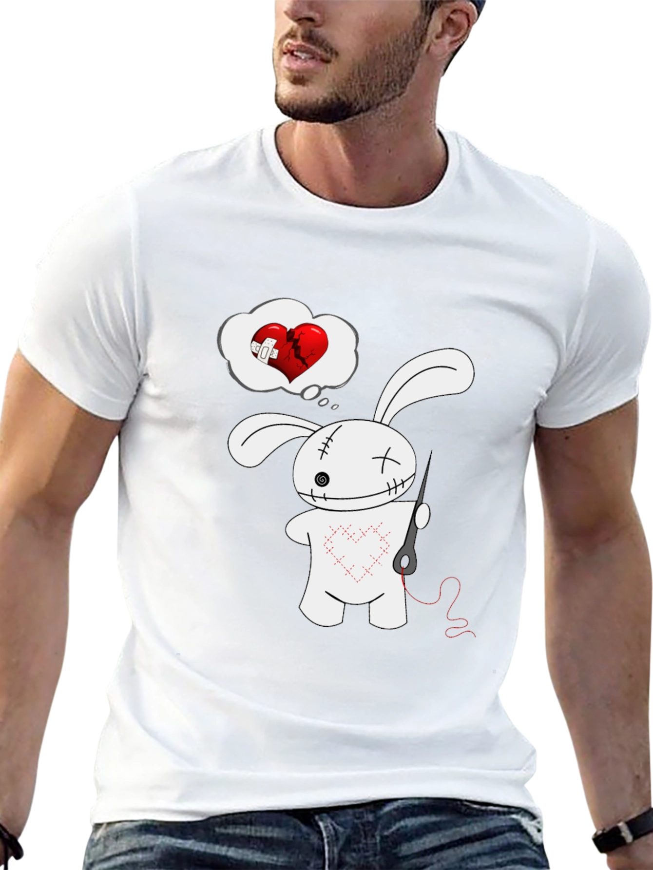 Black Stitched Heart Bunny Graphic Tee - Black Cotton Shirt view 13