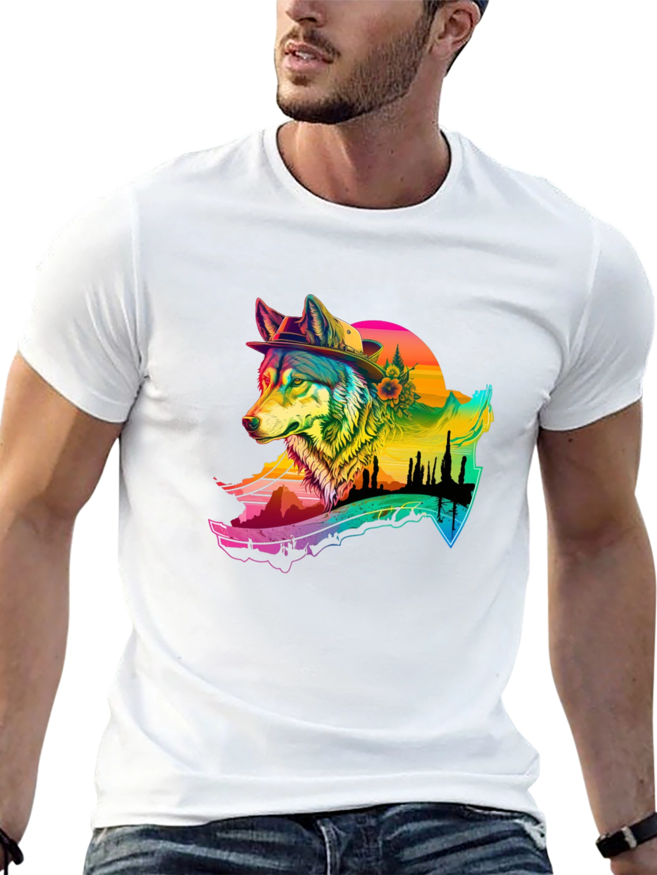 Black Wolf Graphic Black T-Shirt - Colorful Design view 13