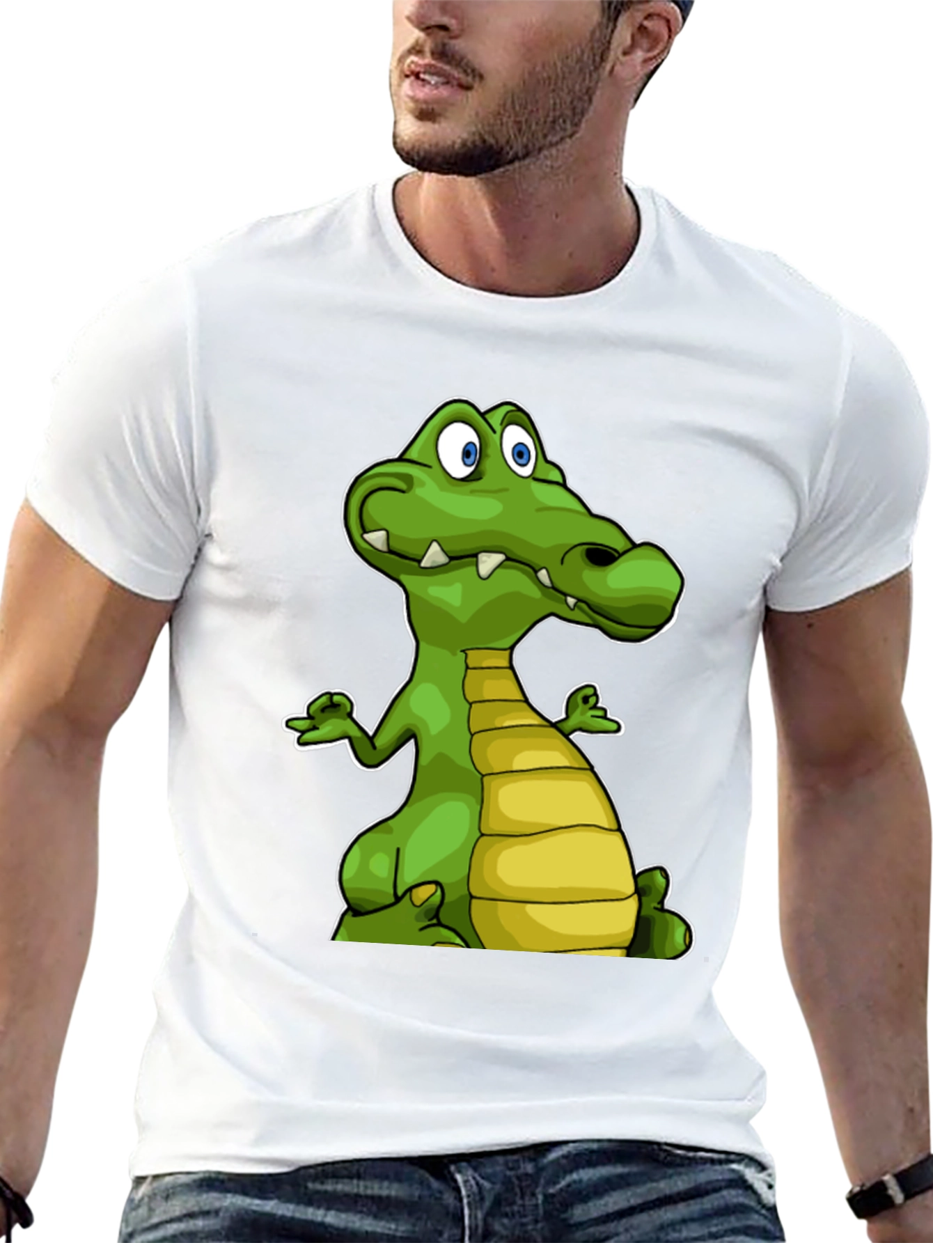 Black Cartoon Crocodile Graphic Tee - Black Cotton T-Shirt view 13