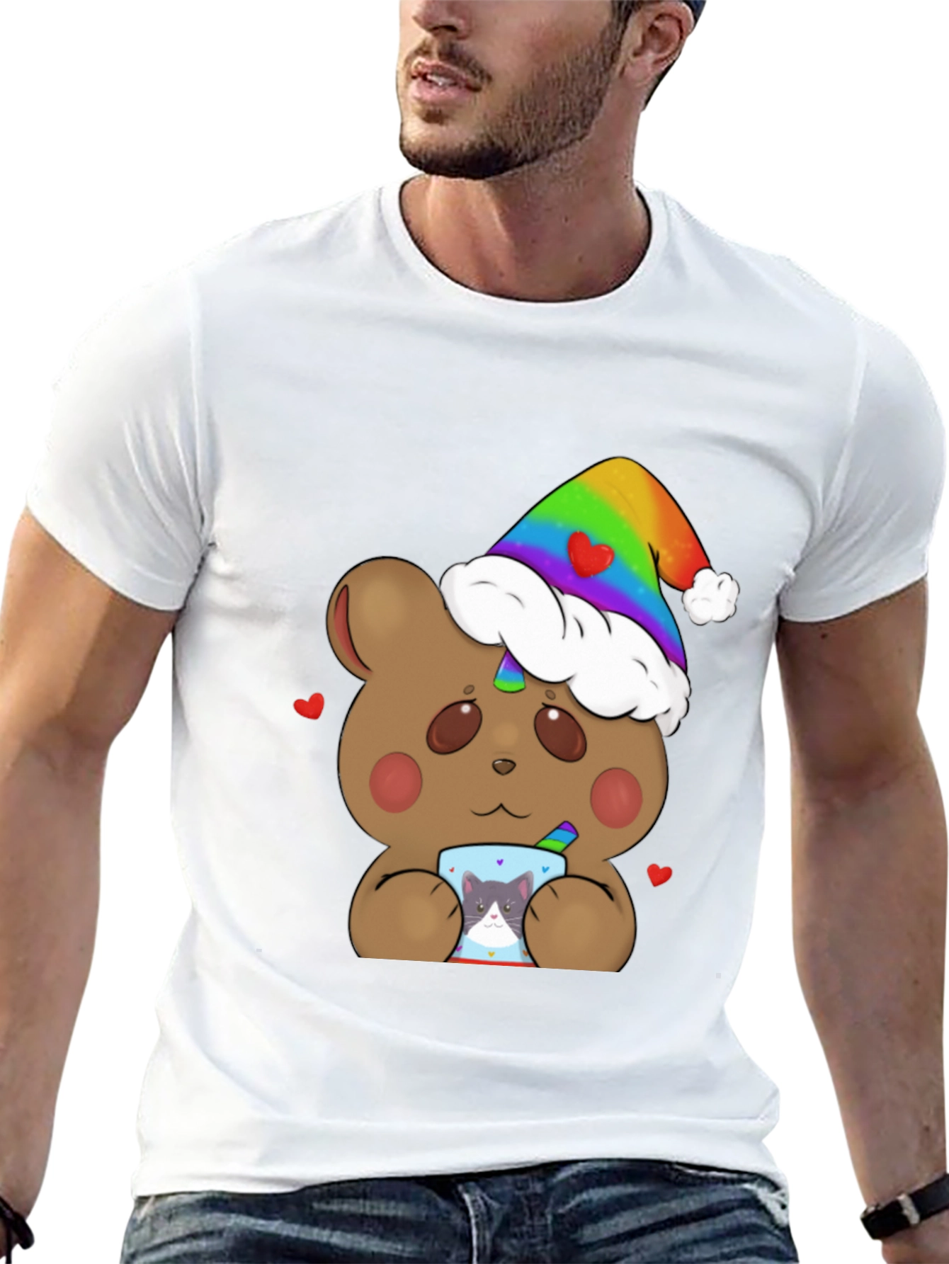 Black Bear with Rainbow Hat & Cat Mug T-Shirt view 13