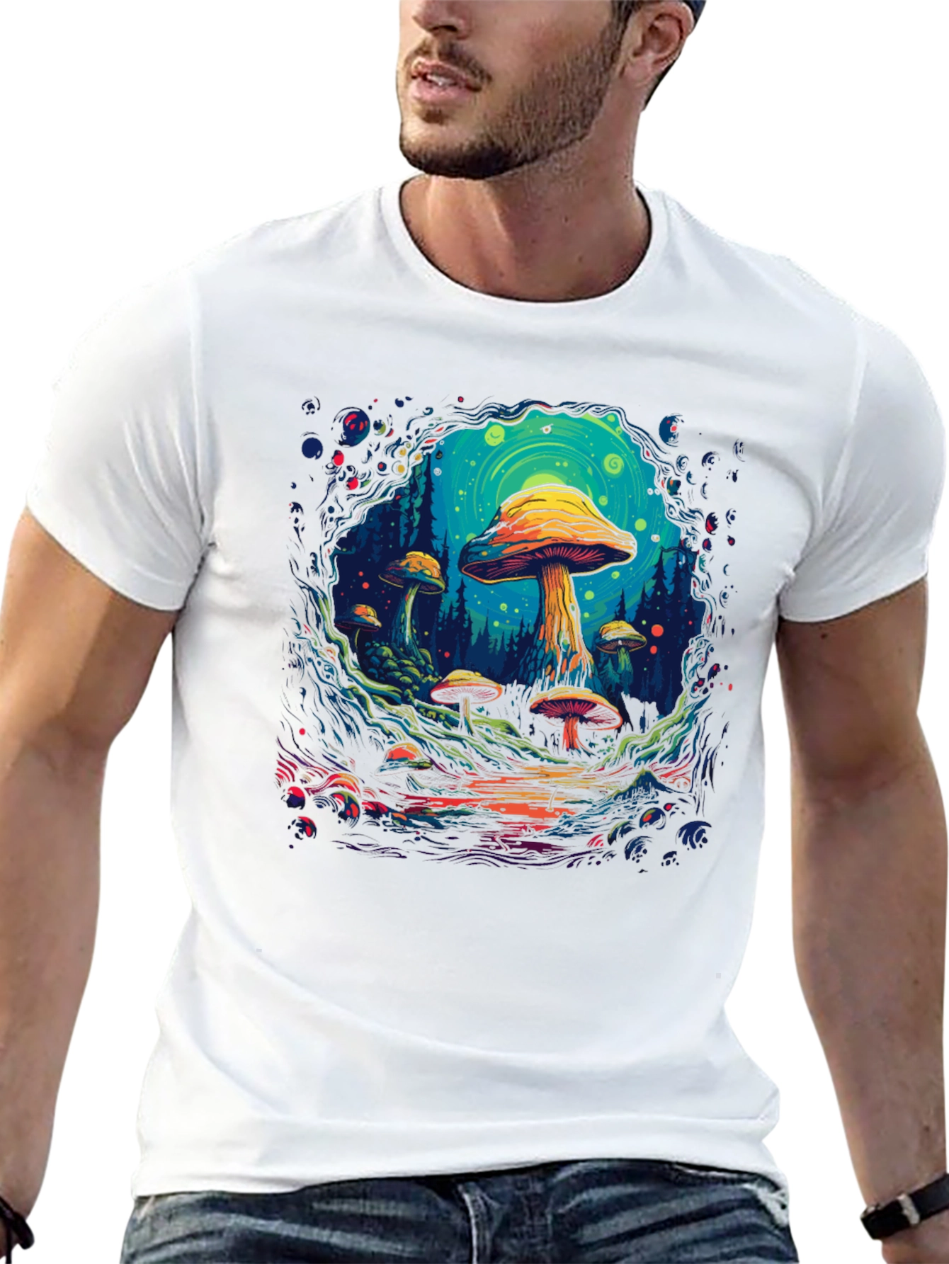 Black Psychedelic Mushroom Forest Graphic T-Shirt view 13