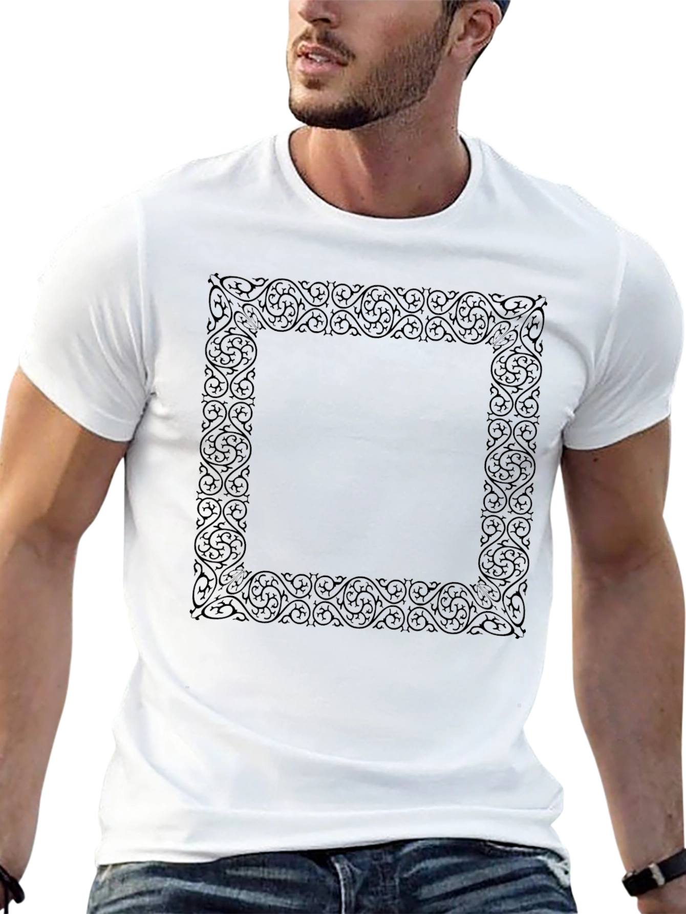 Black Men's Black Tee with Ornate Square Graphic view 13