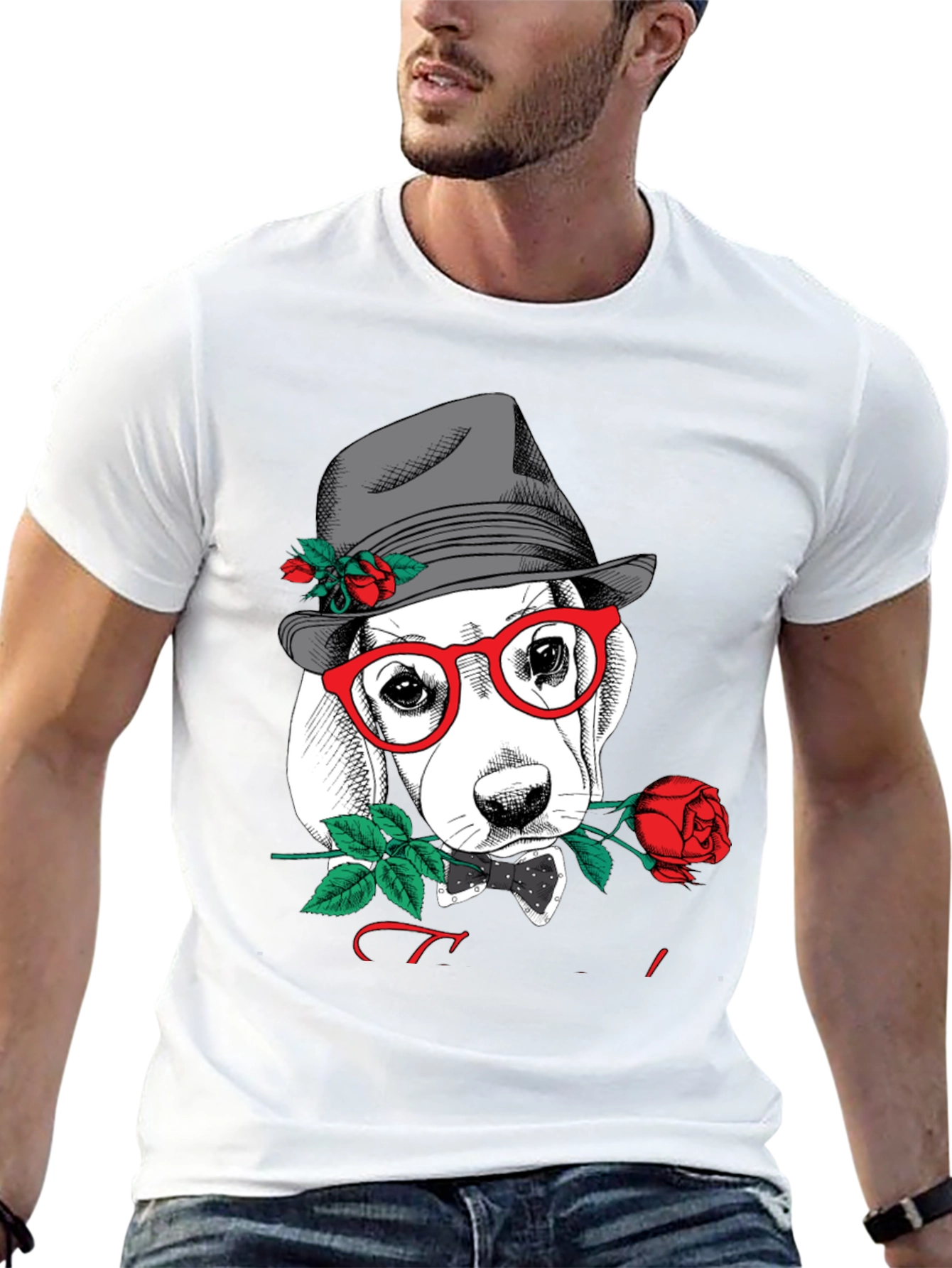 Black Dog with Rose Graphic T-Shirt - Stylish Men's Tee view 13