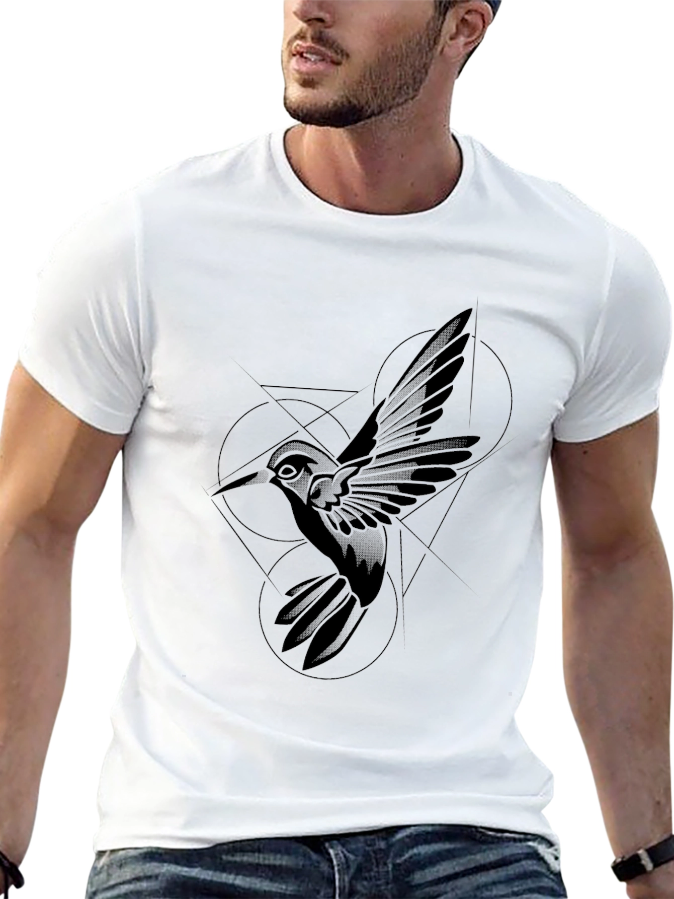 Black Geometric Hummingbird Black T-Shirt view 13