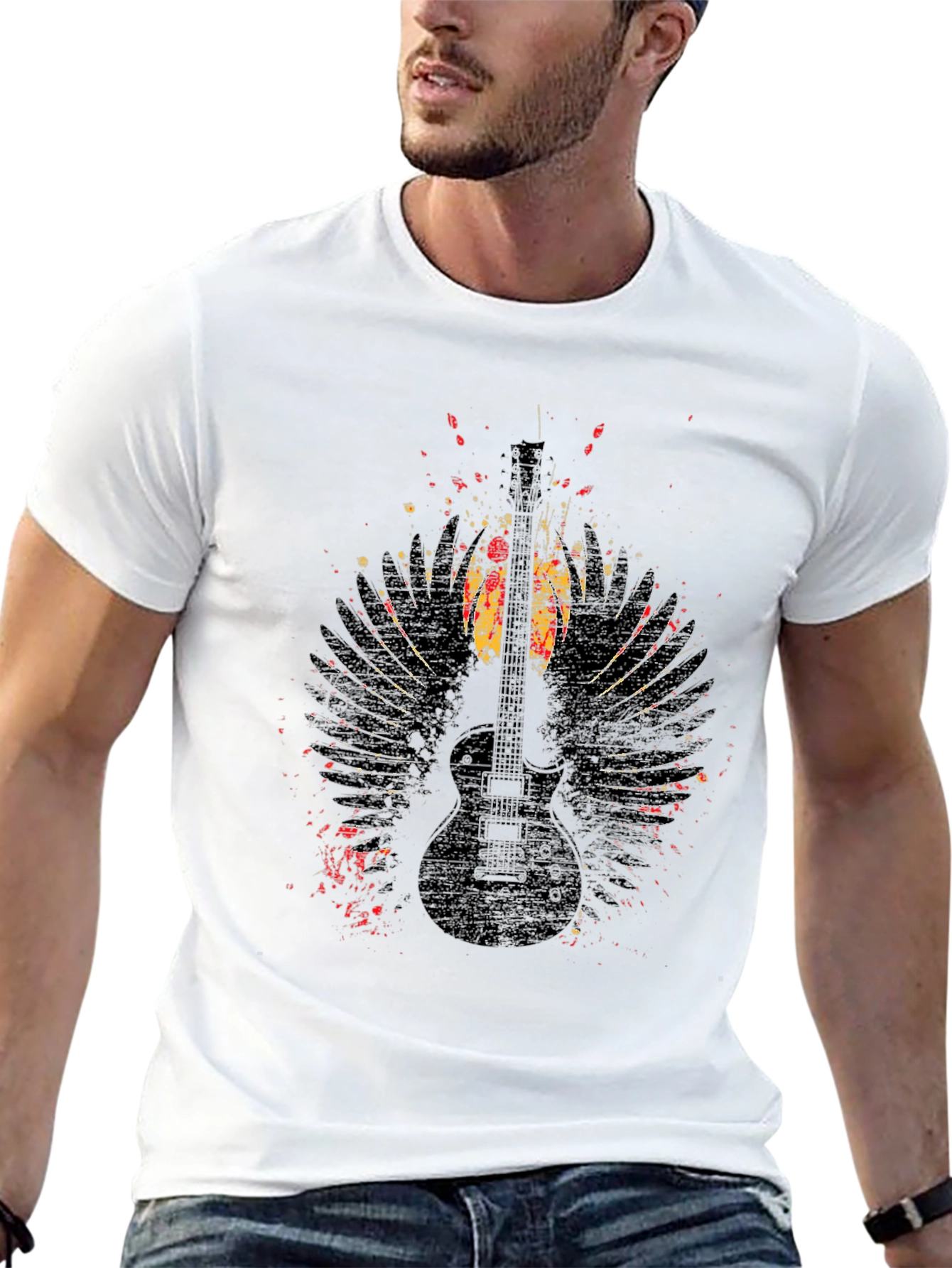Black Grunge Guitar Wings Graphic Tee - Rock Style Shirt view 13