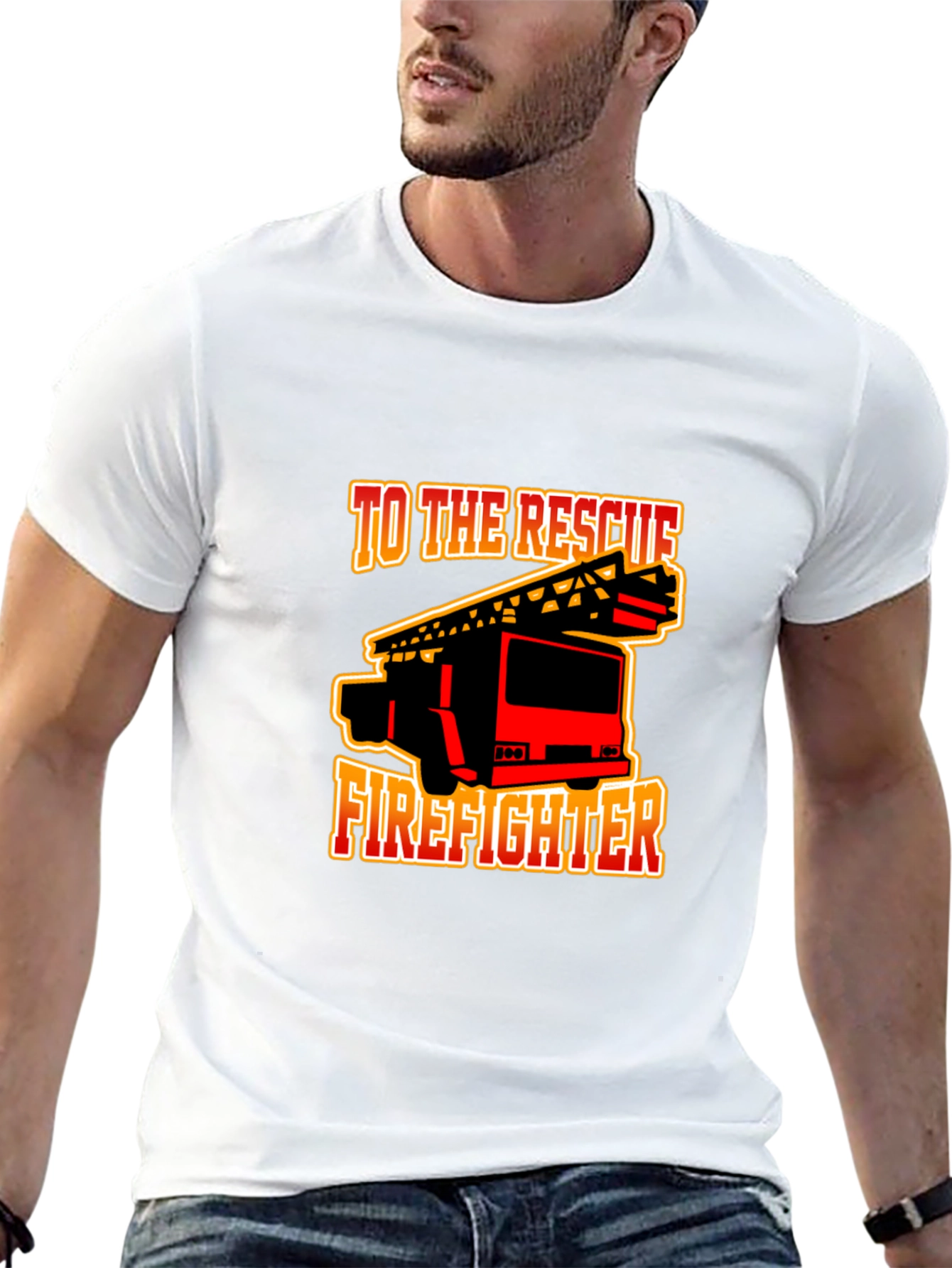 Black Firefighter Rescue Truck Graphic Tee - Black Cotton T-Shirt view 13