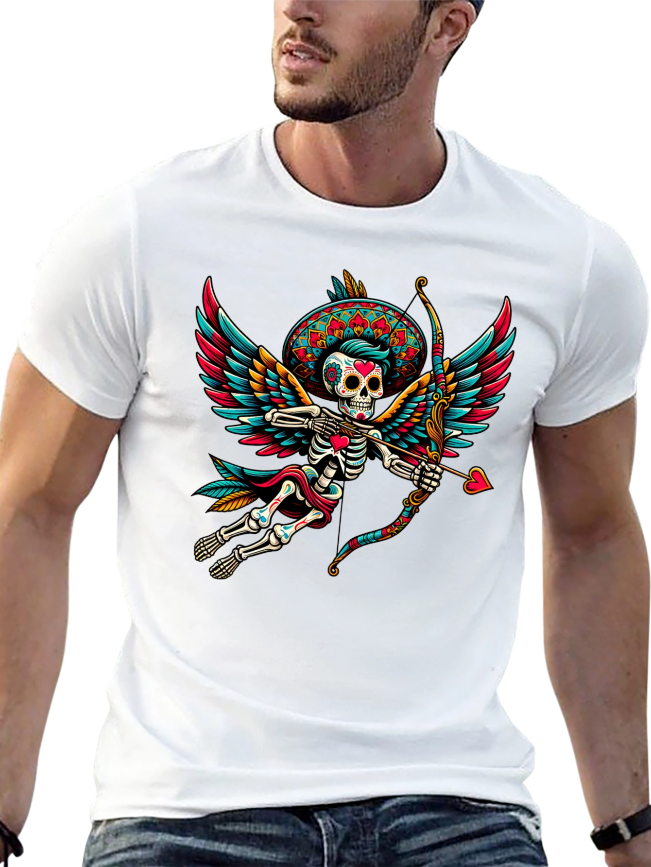 Black Sugar Skull Cupid T-Shirt - Unique Dia de los Muertos Design view 13