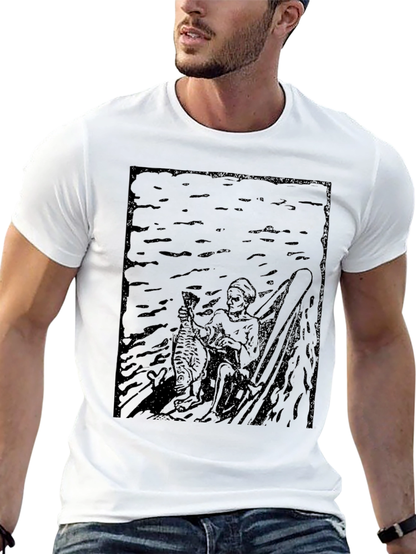 Black Dark Graphic Print Tee - Fisherman Design view 13