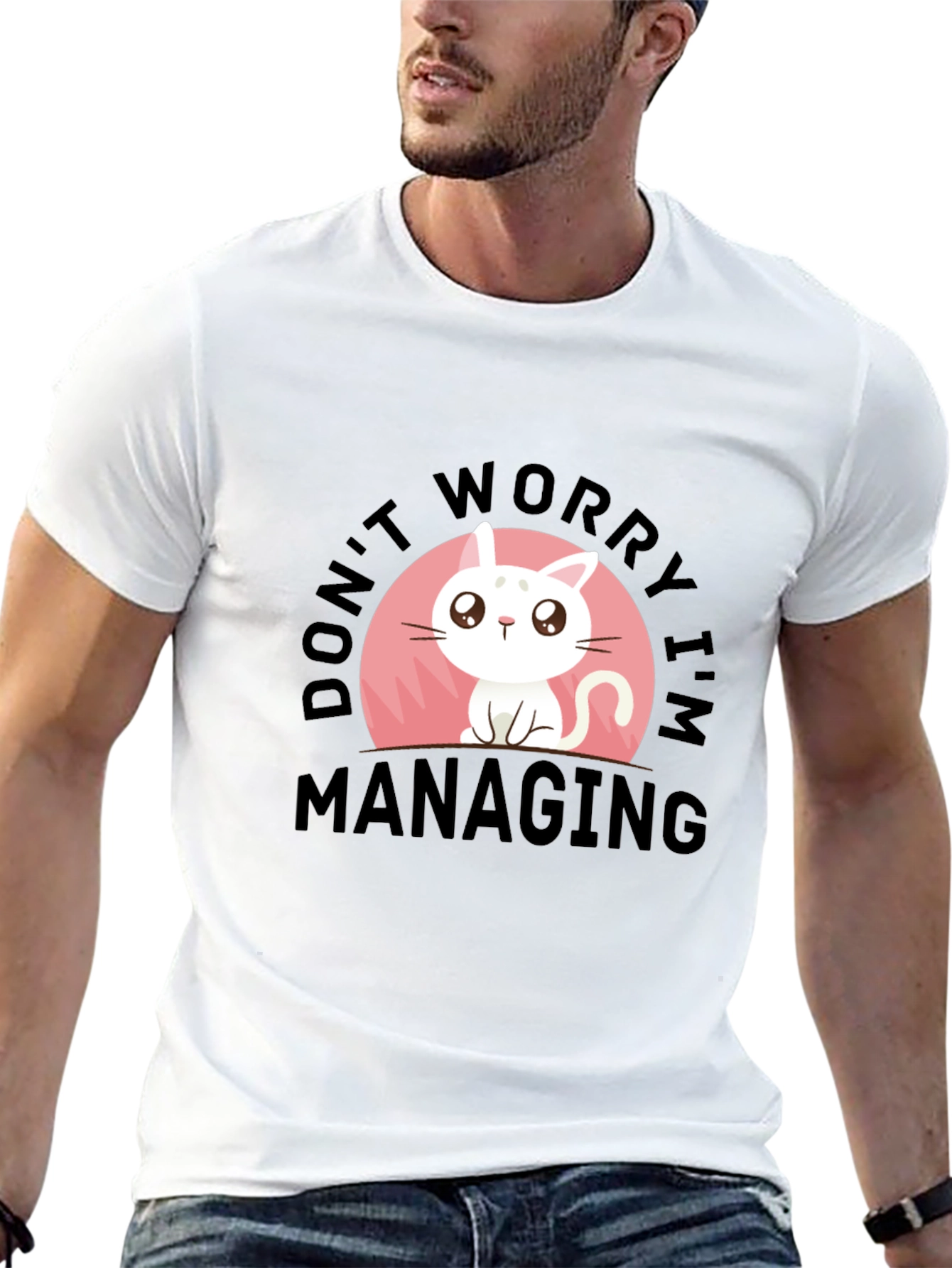 Black Cute Cat T-Shirt - Don't Worry I'm Managing view 13