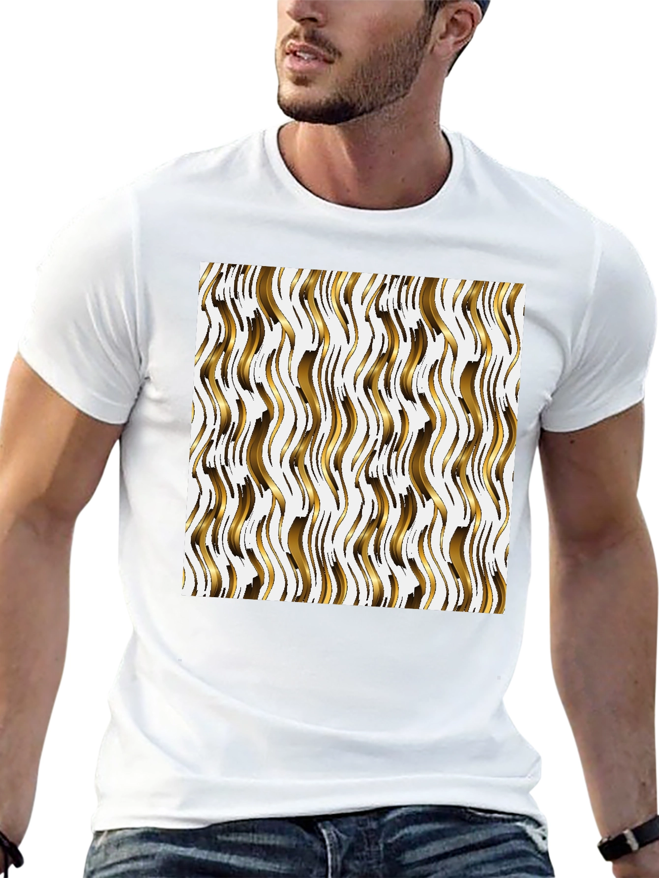 Black Gold Wave Pattern Black Tee - Modern Style view 13