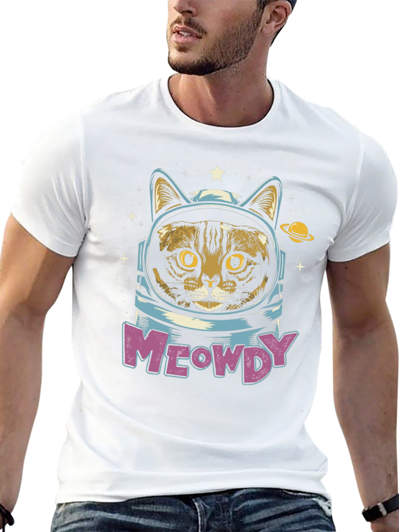 Black Meowdy Cat Astronaut T-Shirt - Space Kitty Tee view 13