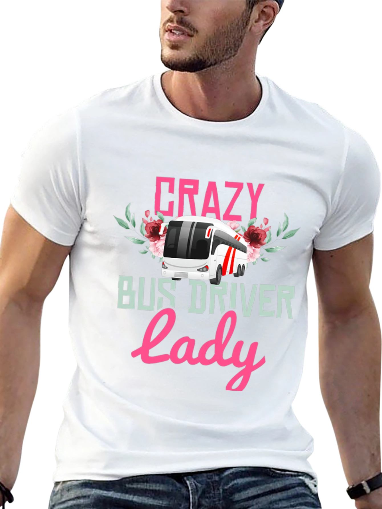 Black Crazy Bus Driver Lady T-Shirt - Floral Design view 13