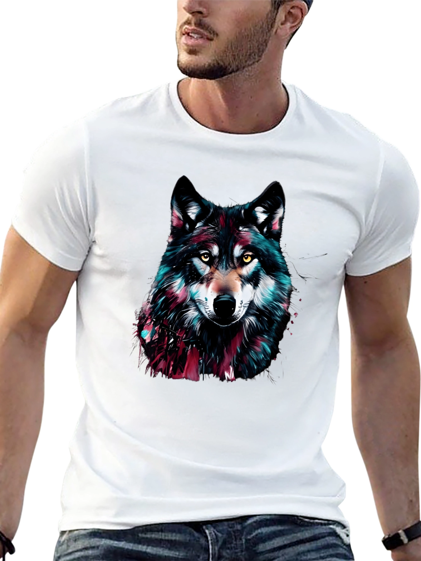 Black Wolf Graphic Print Crew Neck Men's T-Shirt view 13