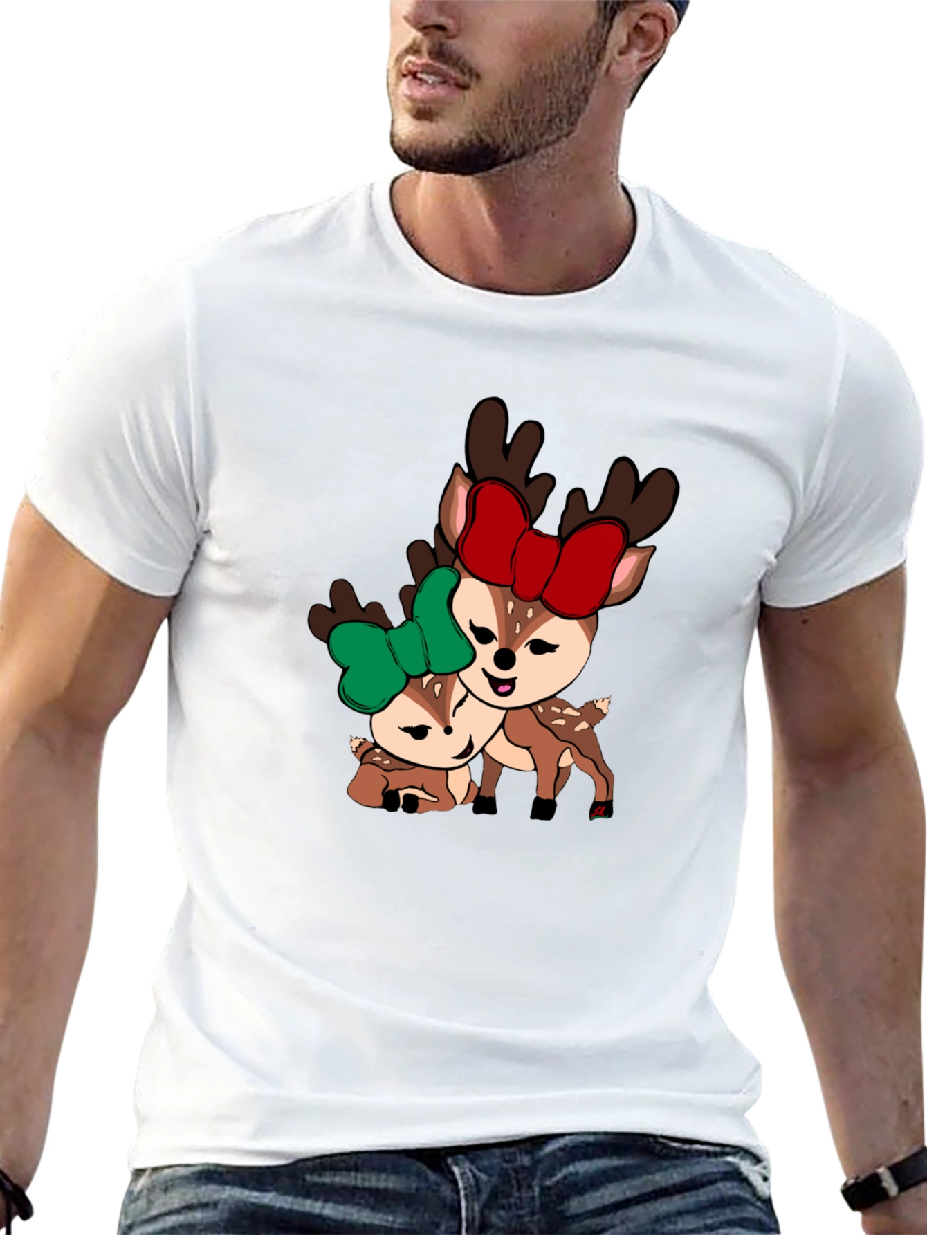 Black Cute Deer Couple T-Shirt - Holiday Season Apparel view 13
