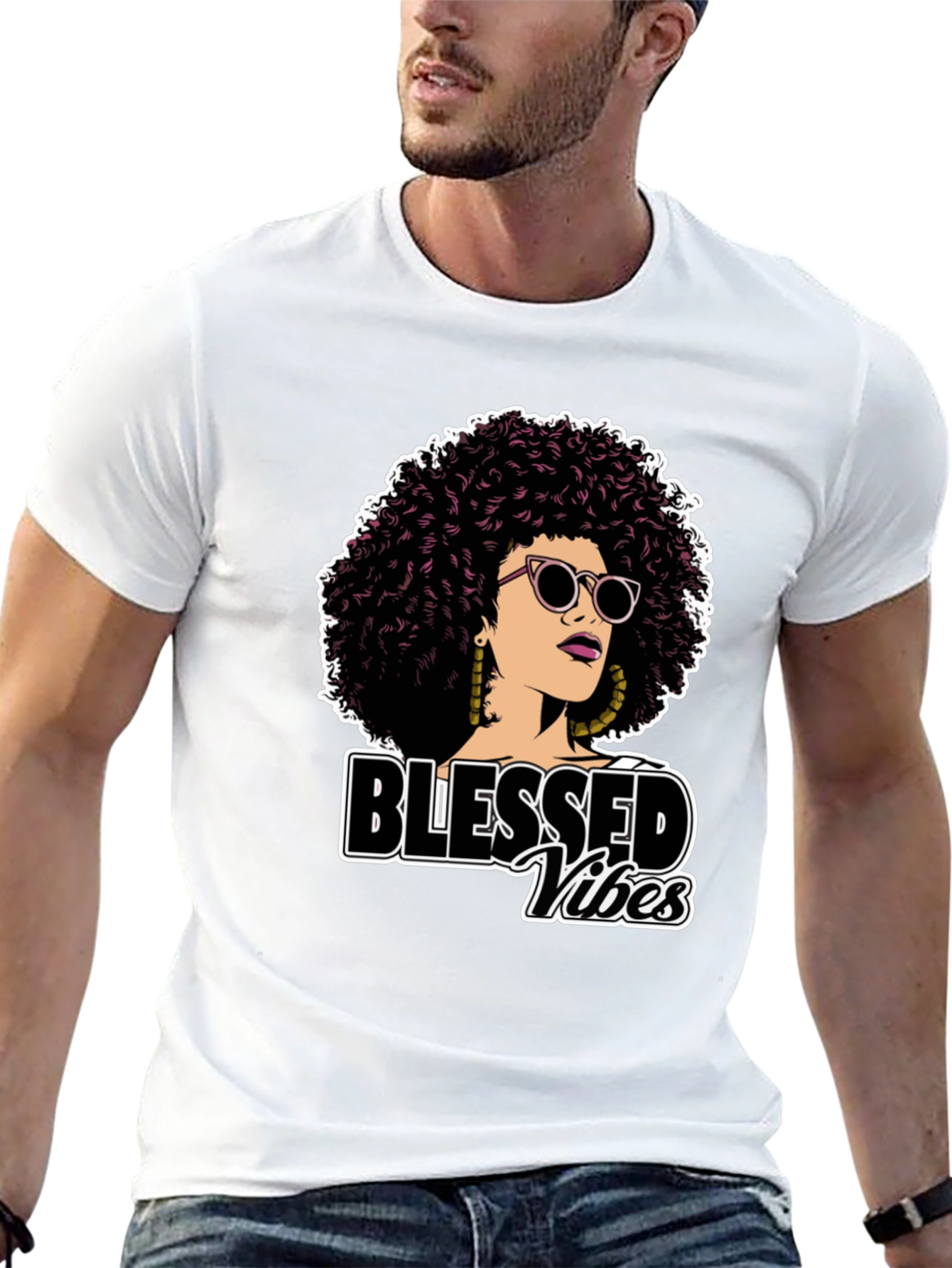 Black Blessed Vibes Graphic Tee - Stylish Afro Woman Design view 13
