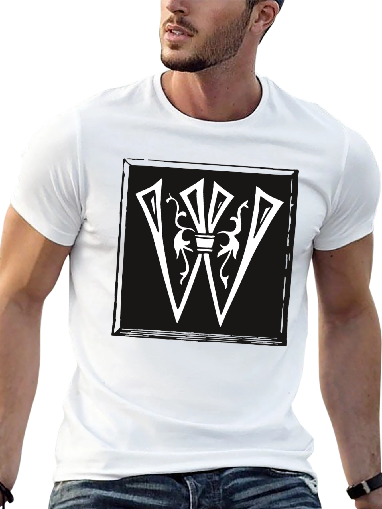 Black Graphic Tee: White Letter W Design on Black Shirt view 13