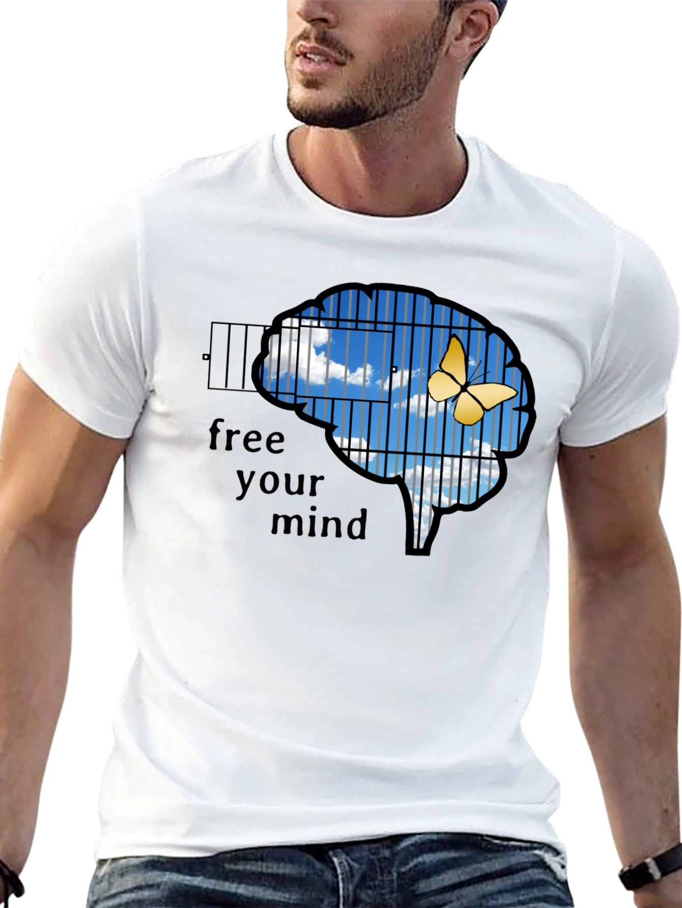 Black Free Your Mind T-Shirt: Brain Cage & Butterfly Graphic Tee view 13