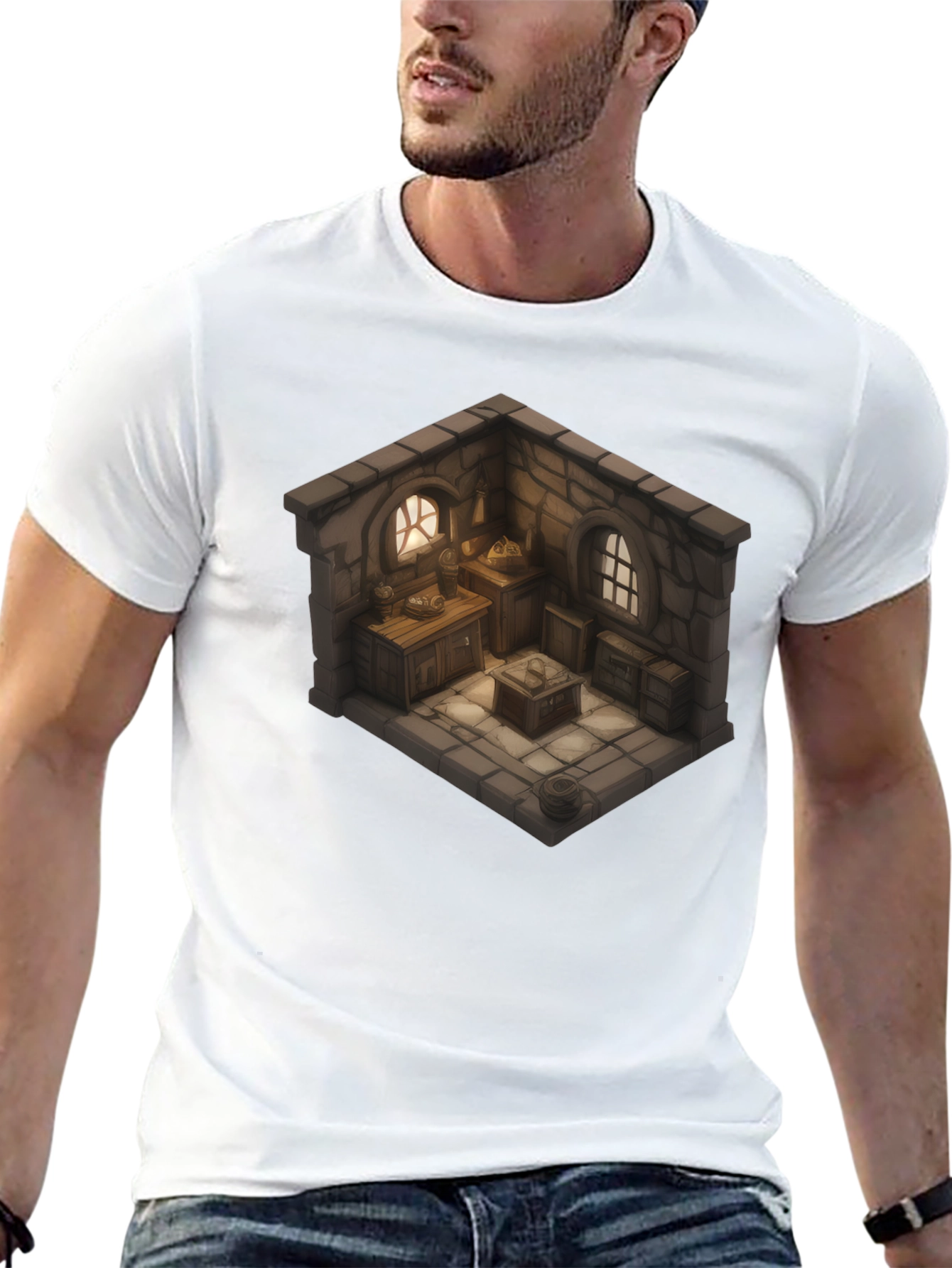Black Isometric Medieval Room T-Shirt - Fantasy Decor Tee view 13
