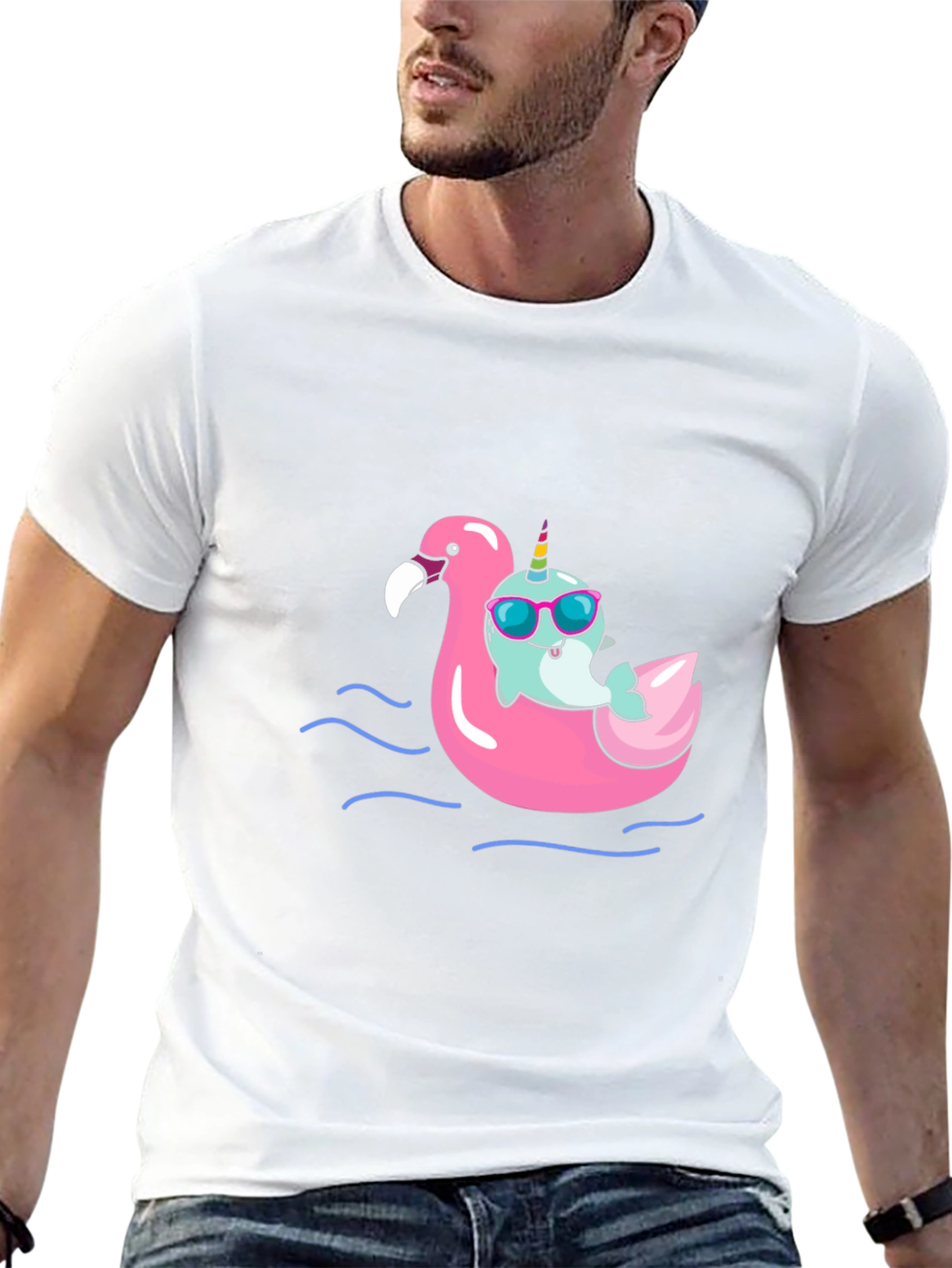 Black Narwhal on Flamingo Float Black T-Shirt view 13