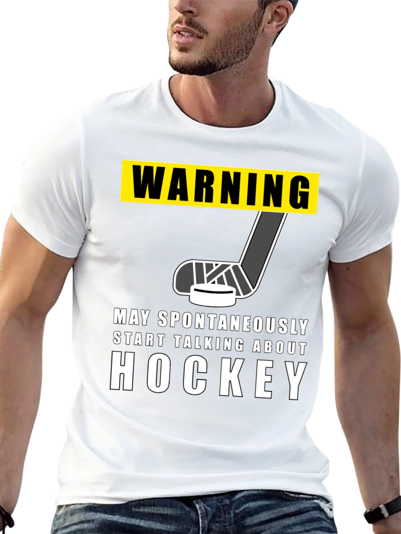 Black Warning Hockey T-Shirt - May Spontaneously Talk About Hockey view 13