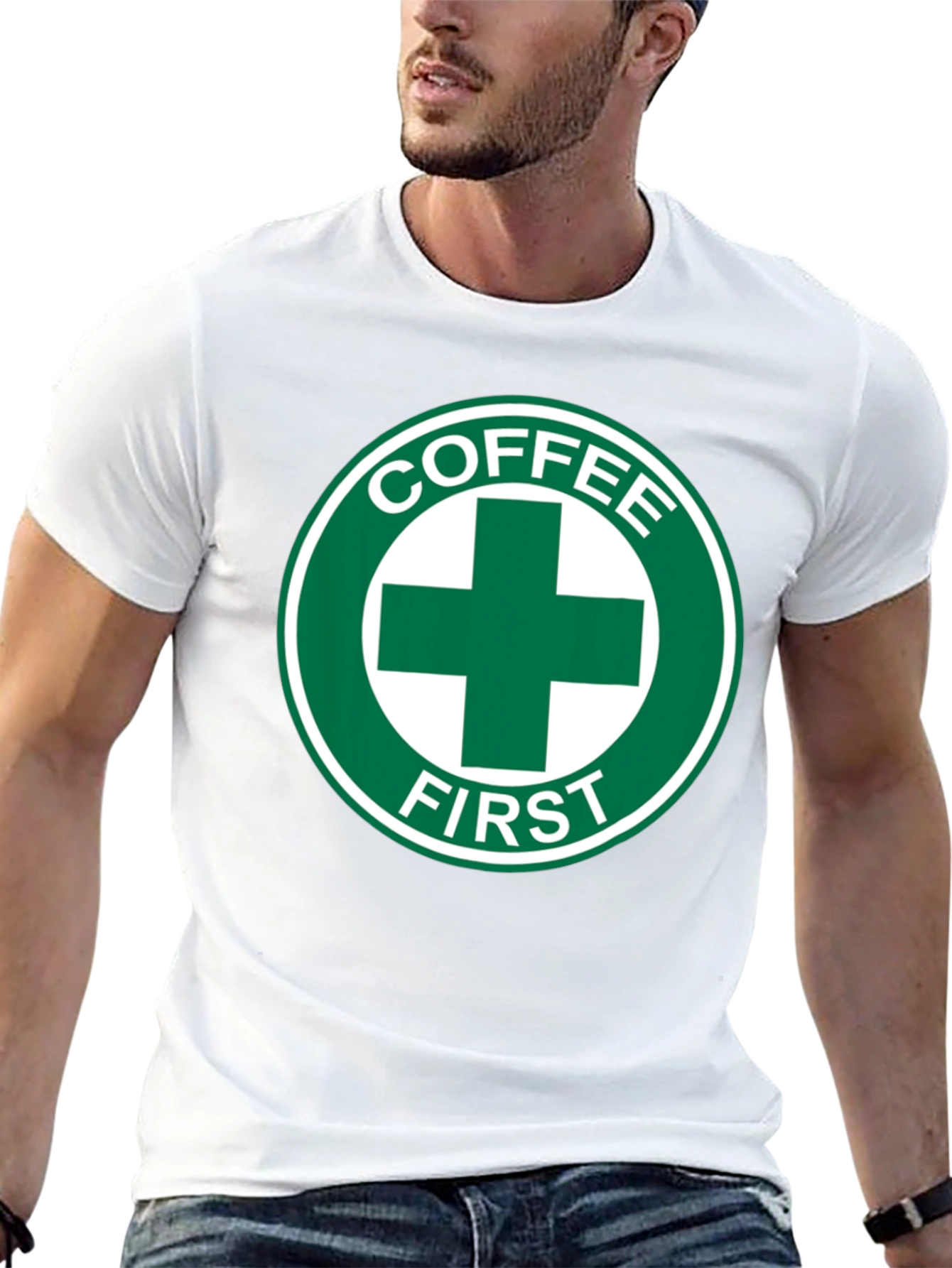 Black Coffee First T-Shirt - Green Cross Design view 13