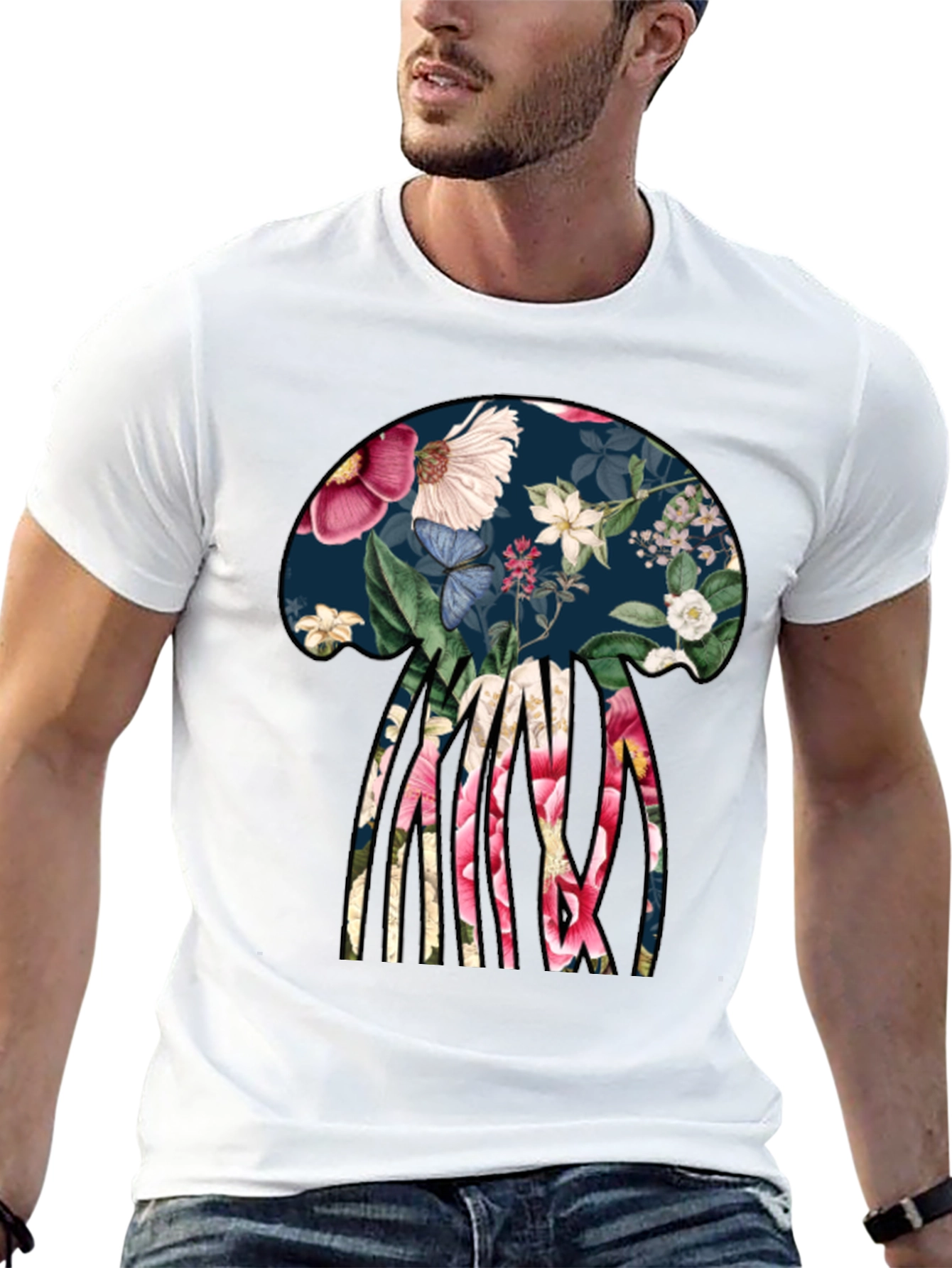 Black Floral Jellyfish Graphic Tee - Black Cotton T-Shirt view 13