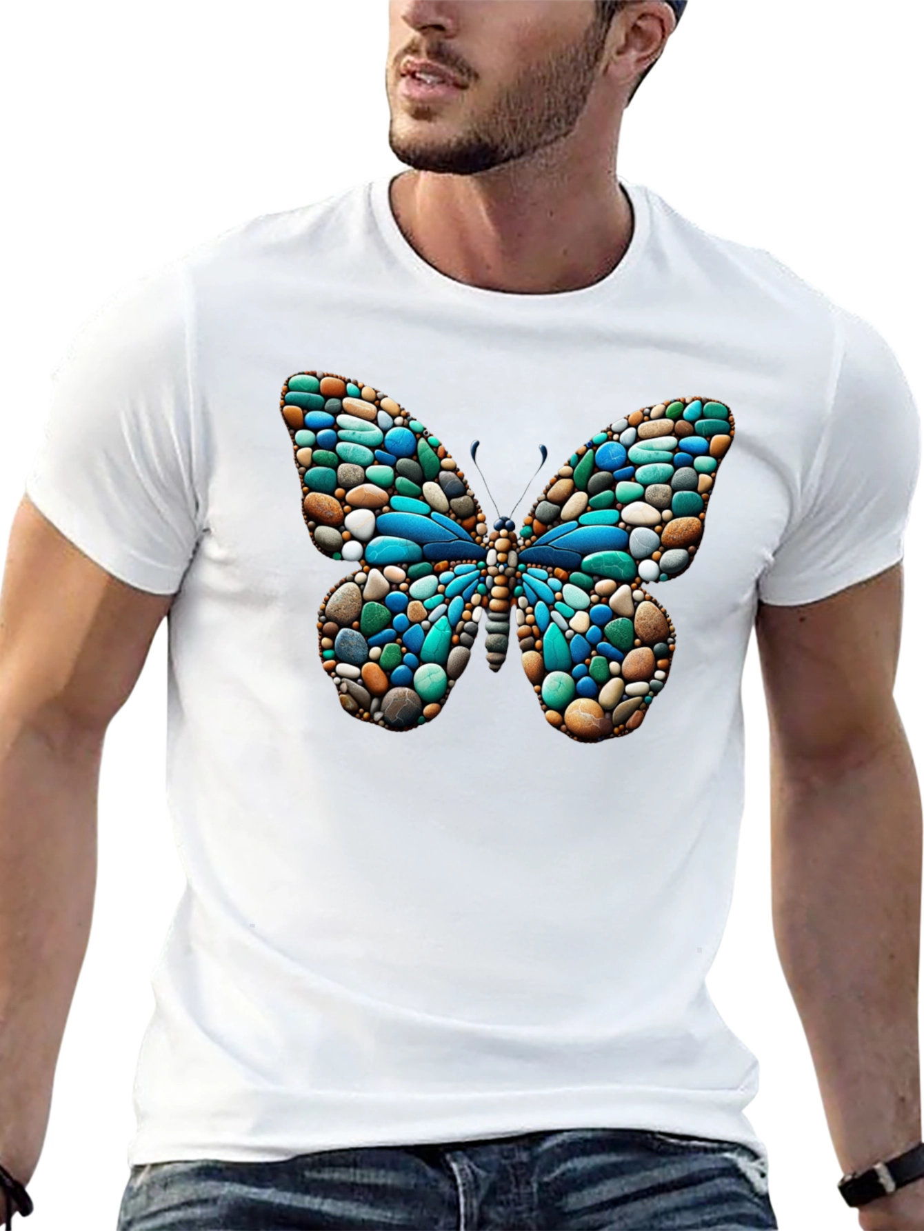 Black Butterfly Stone Pattern Black T-Shirt view 13