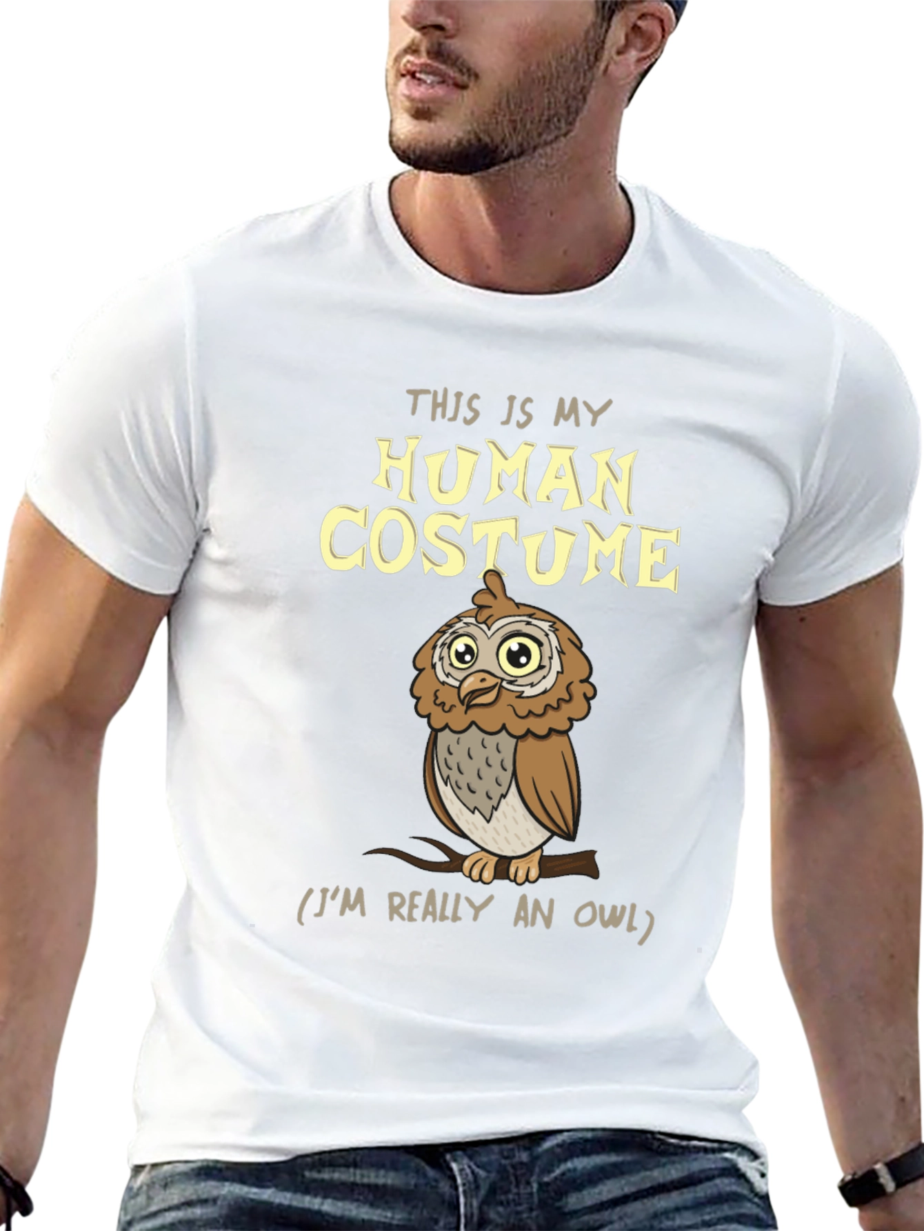 Black Human Costume Owl T-Shirt - Funny Halloween Tee view 13
