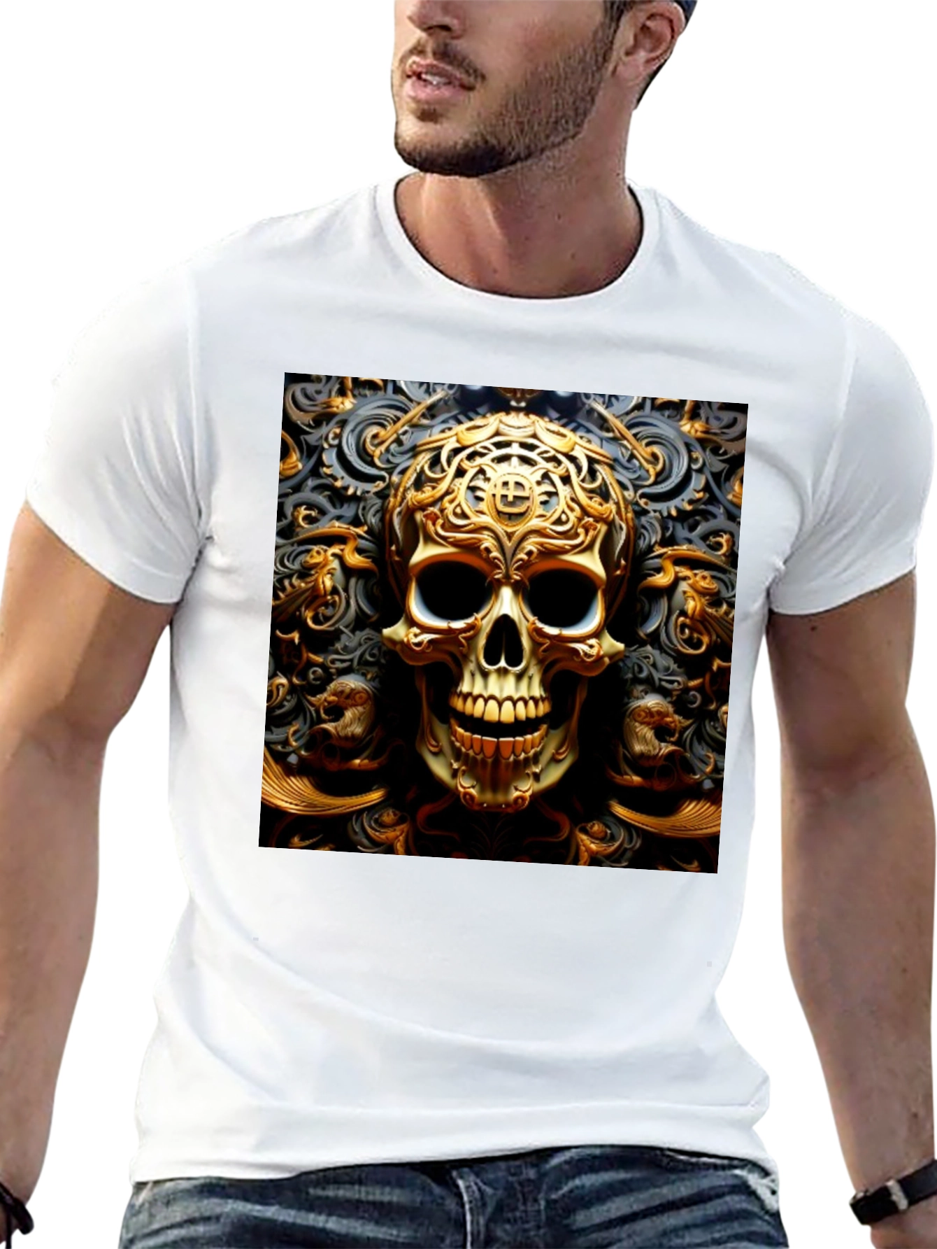 Black Ornate Gold Skull Graphic Tee view 13