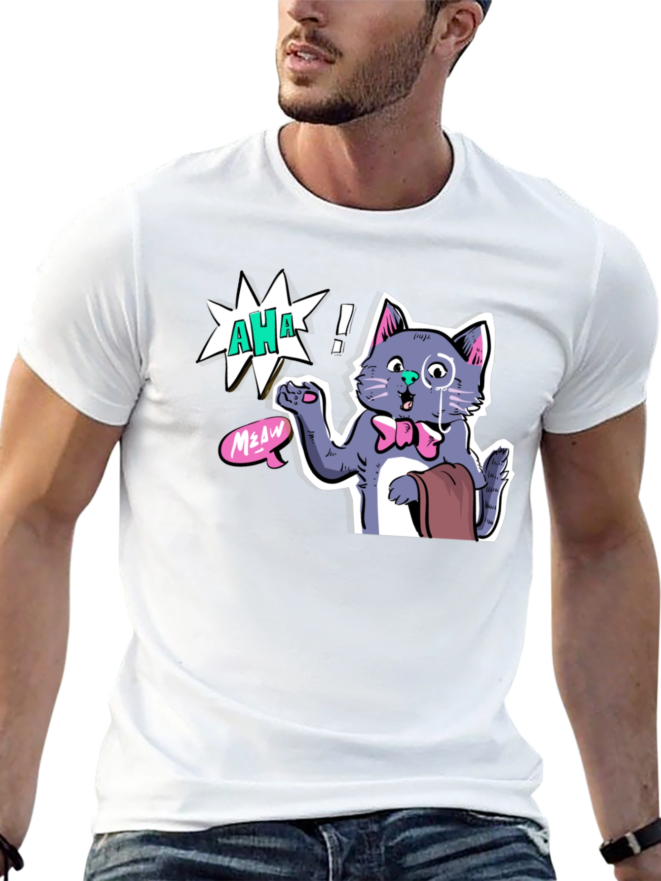 Black AHA! Monocled Cat Tee - Quirky Cartoon Style view 13