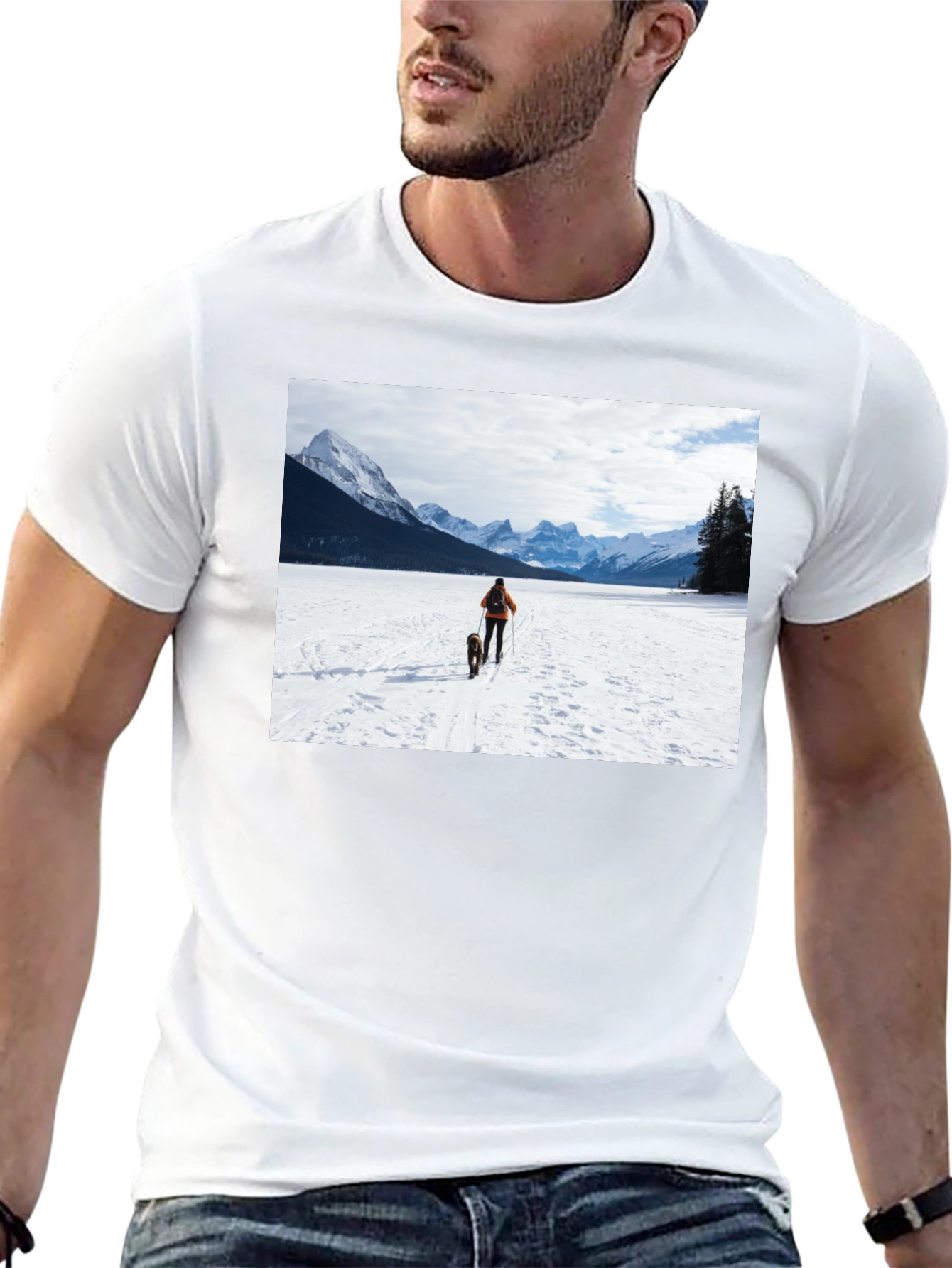 Black Winter Adventure T-Shirt: Skier & Dog Graphic Tee view 13
