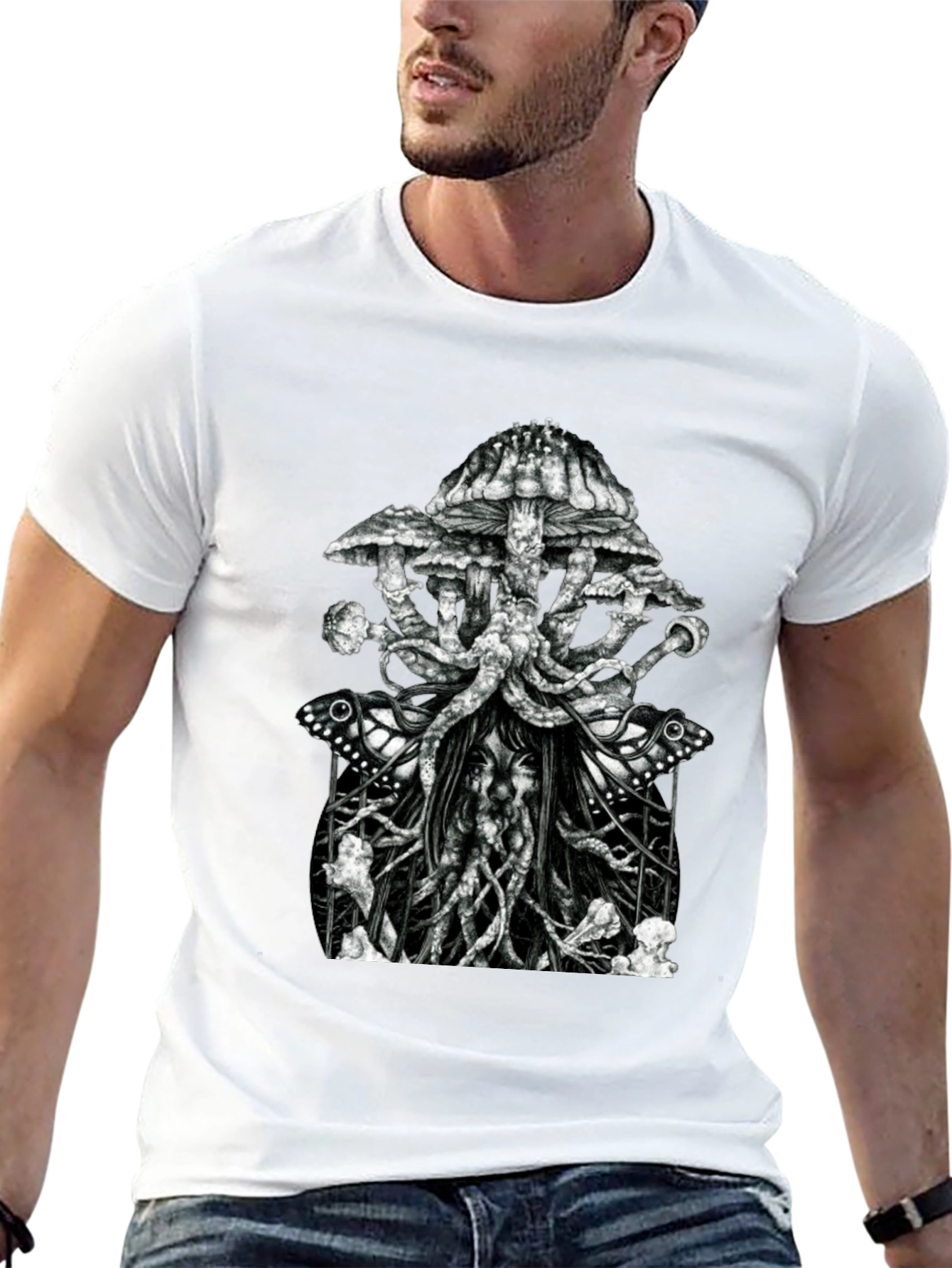 Black Mushroom & Butterfly Graphic Tee - Unique Design view 13